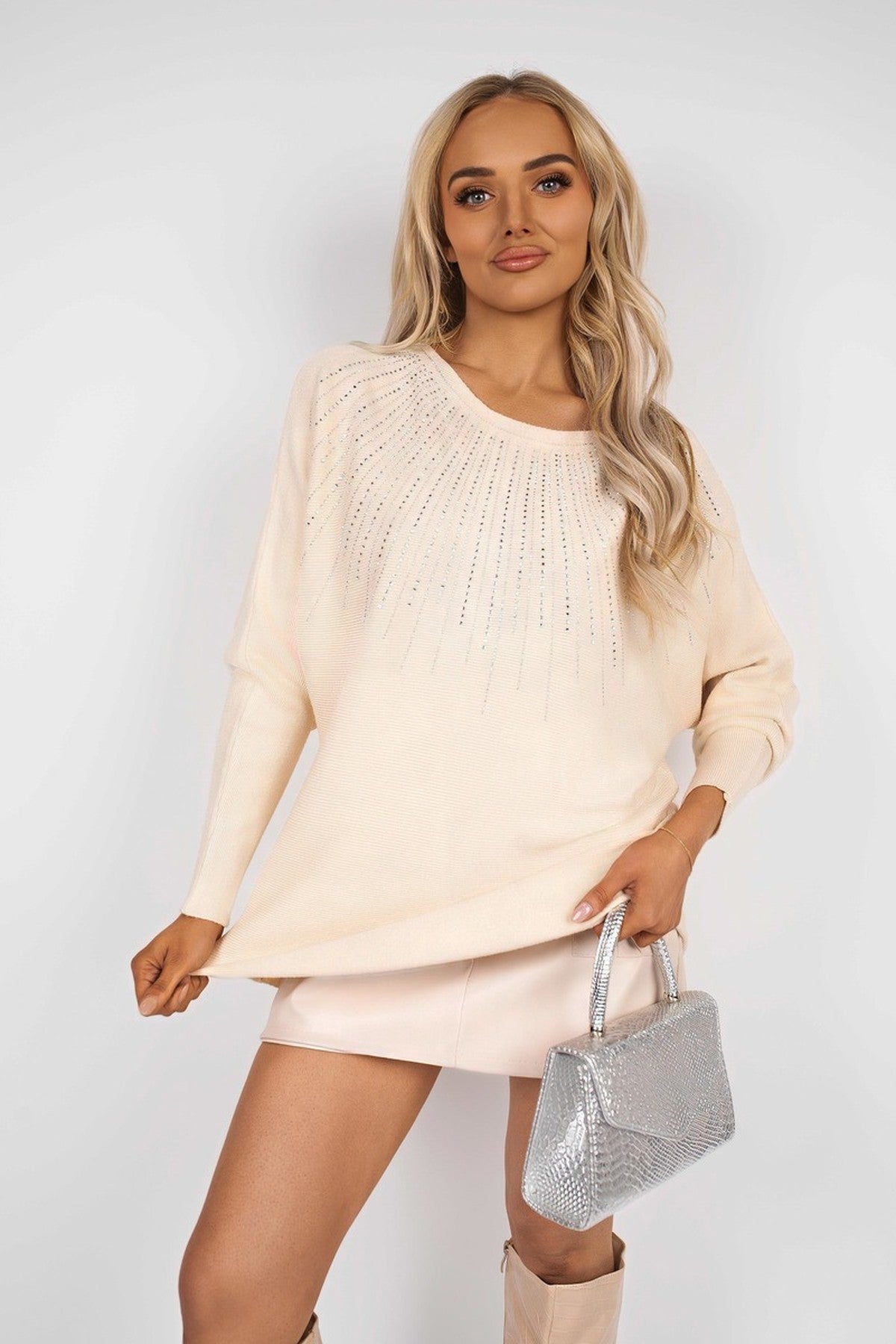 Model wearing Haisley Long Sleeve Knitted Jumper With Embellished Neckline