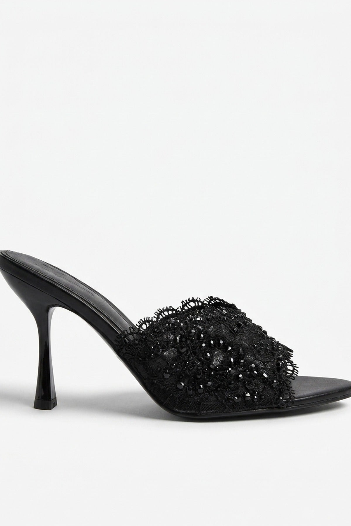 Ines Embellished Lace Stiletto Mules - Black
