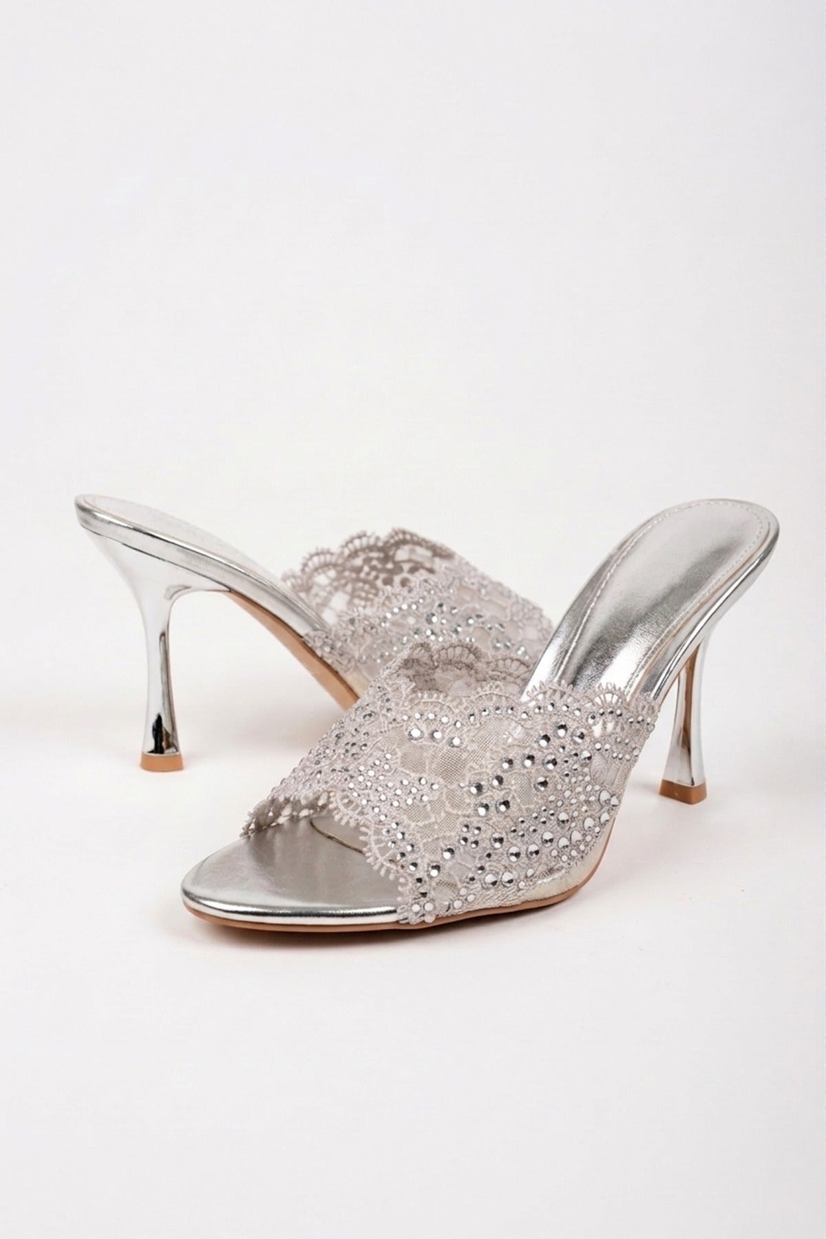 Ines Embellished Lace Stiletto Mules - Silver