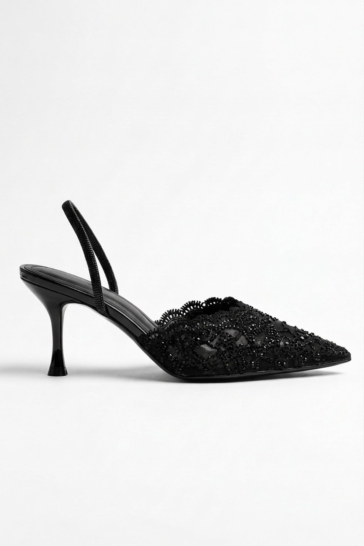 Genevieve Embellished Lace Mesh Pointed Heels - Black