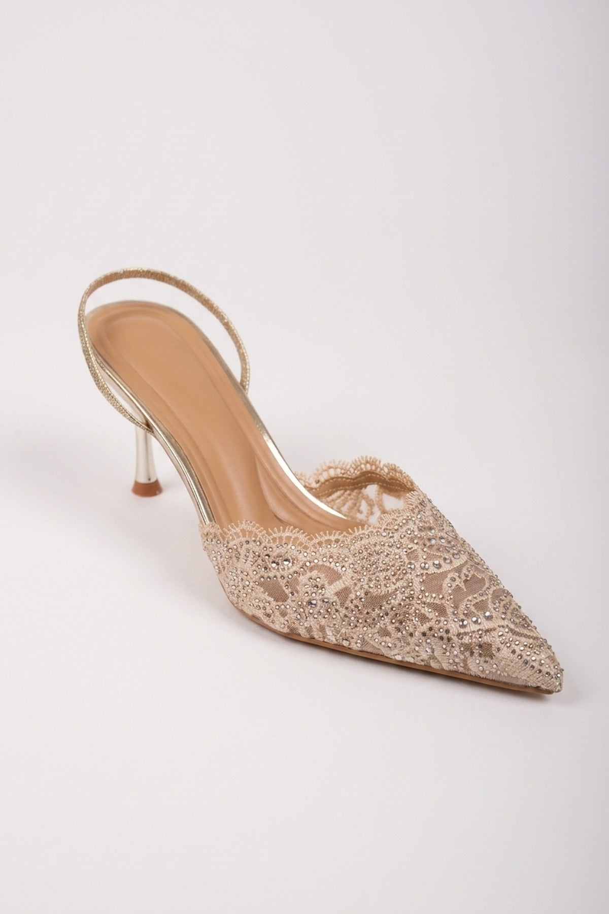 Genevieve Embellished Lace Mesh Pointed Heels - Gold