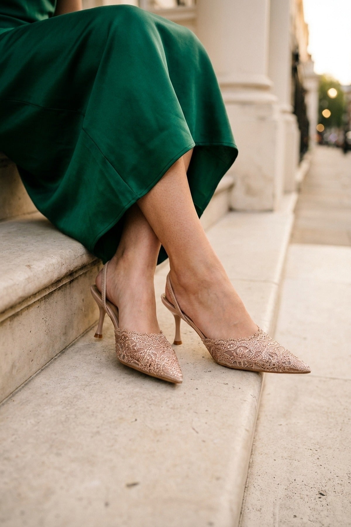 Genevieve Embellished Lace Mesh Pointed Heels - Nude