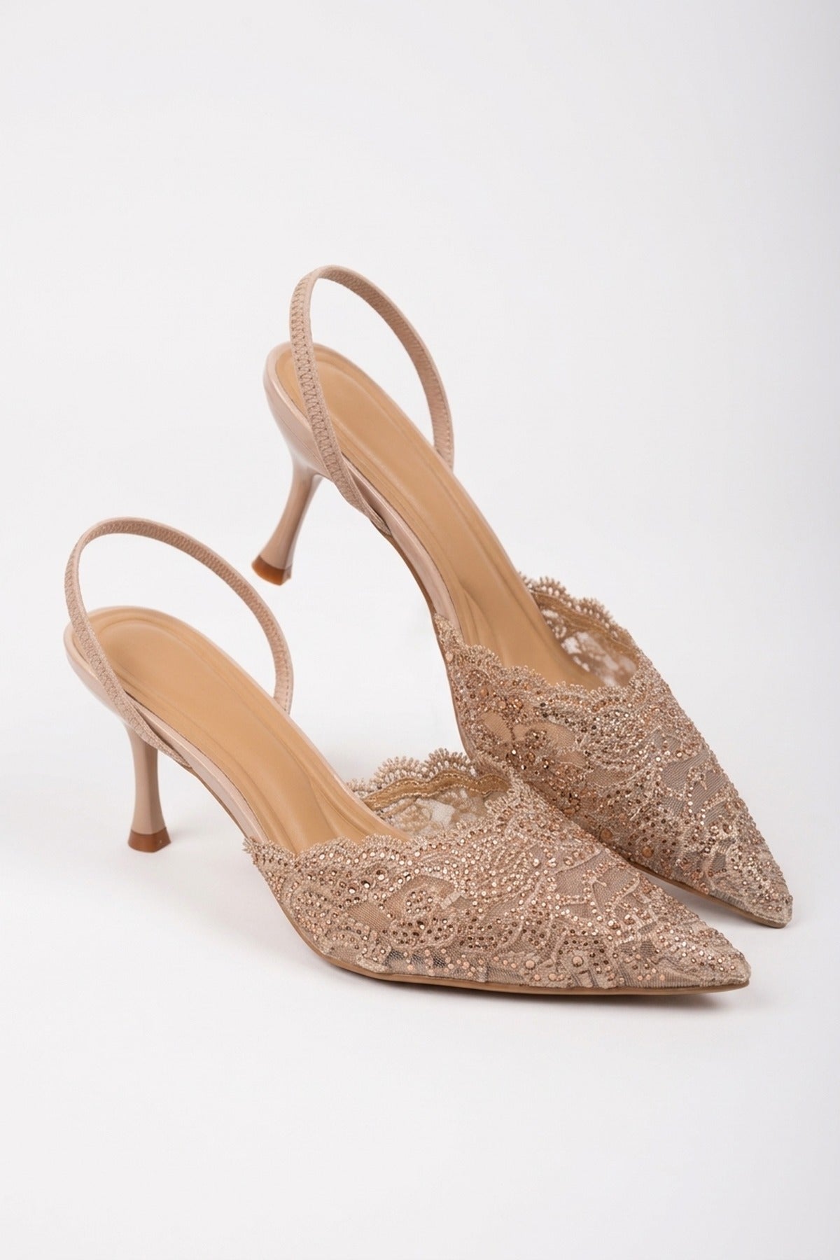 Genevieve Embellished Lace Mesh Pointed Heels - Nude