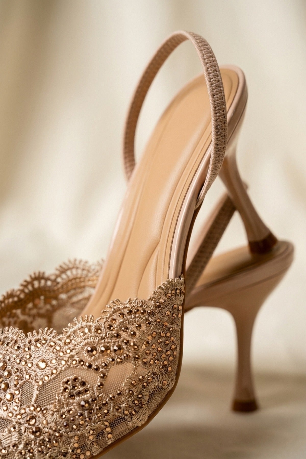 Genevieve Embellished Lace Mesh Pointed Heels - Nude