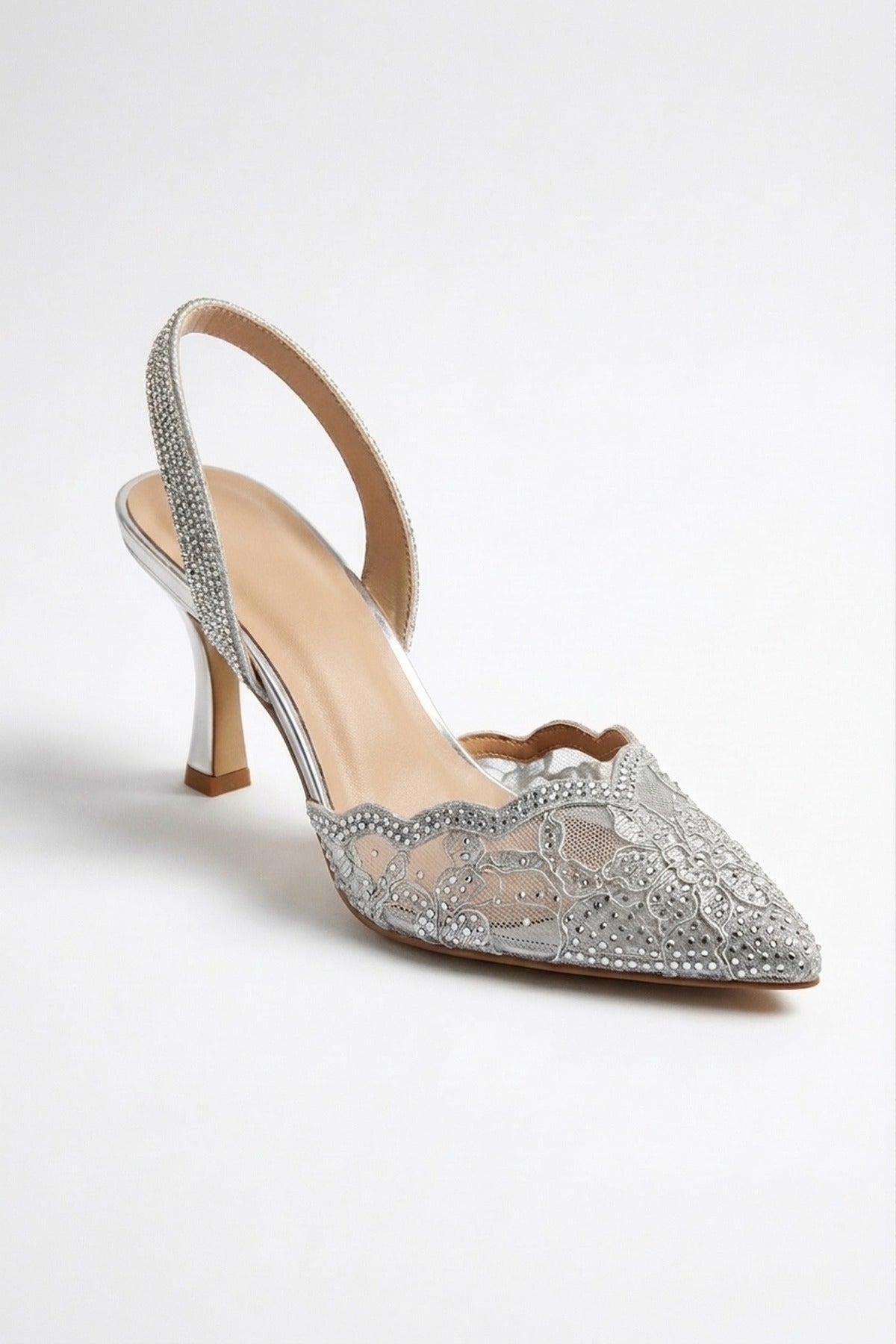 Genevieve Embellished Lace Mesh Pointed Heels - Silver