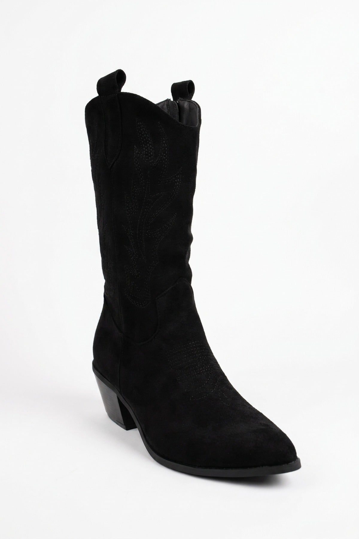 Tula Faux Suede Embroidered Western Boots - Black