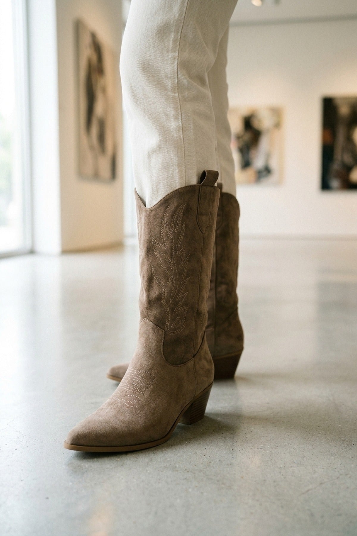 Tula Faux Suede Embroidered Western Boots - Khaki