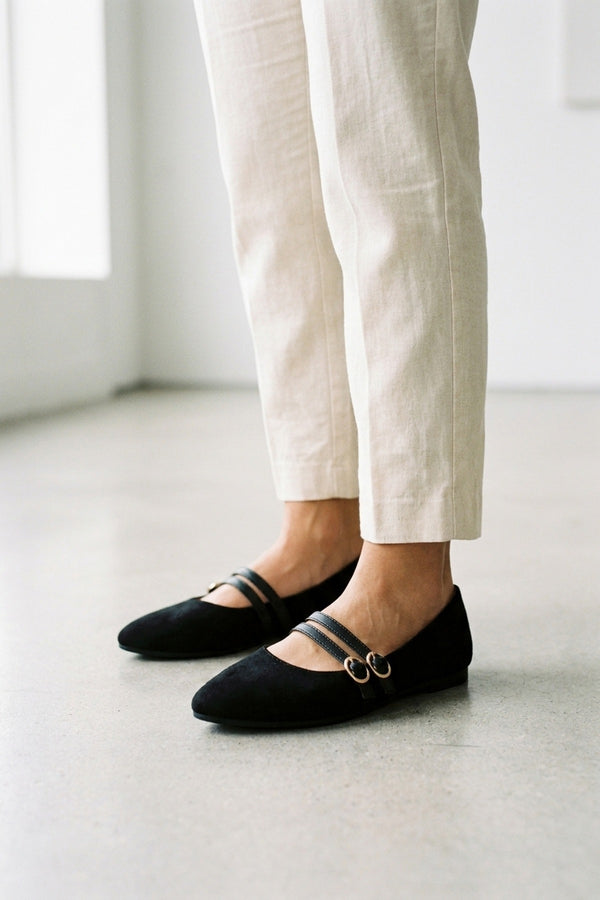 Saoirse Faux Suede Double Buckle Strap Ballet Flats - Black