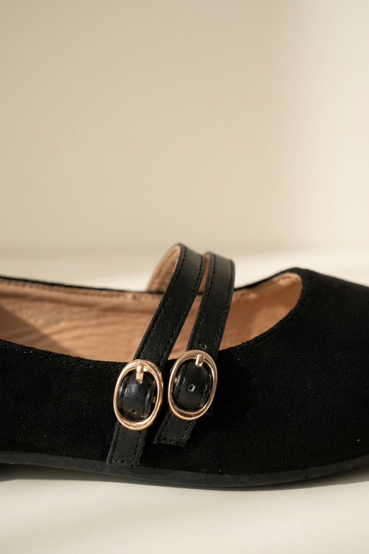 Saoirse Faux Suede Double Buckle Strap Ballet Flats - Black