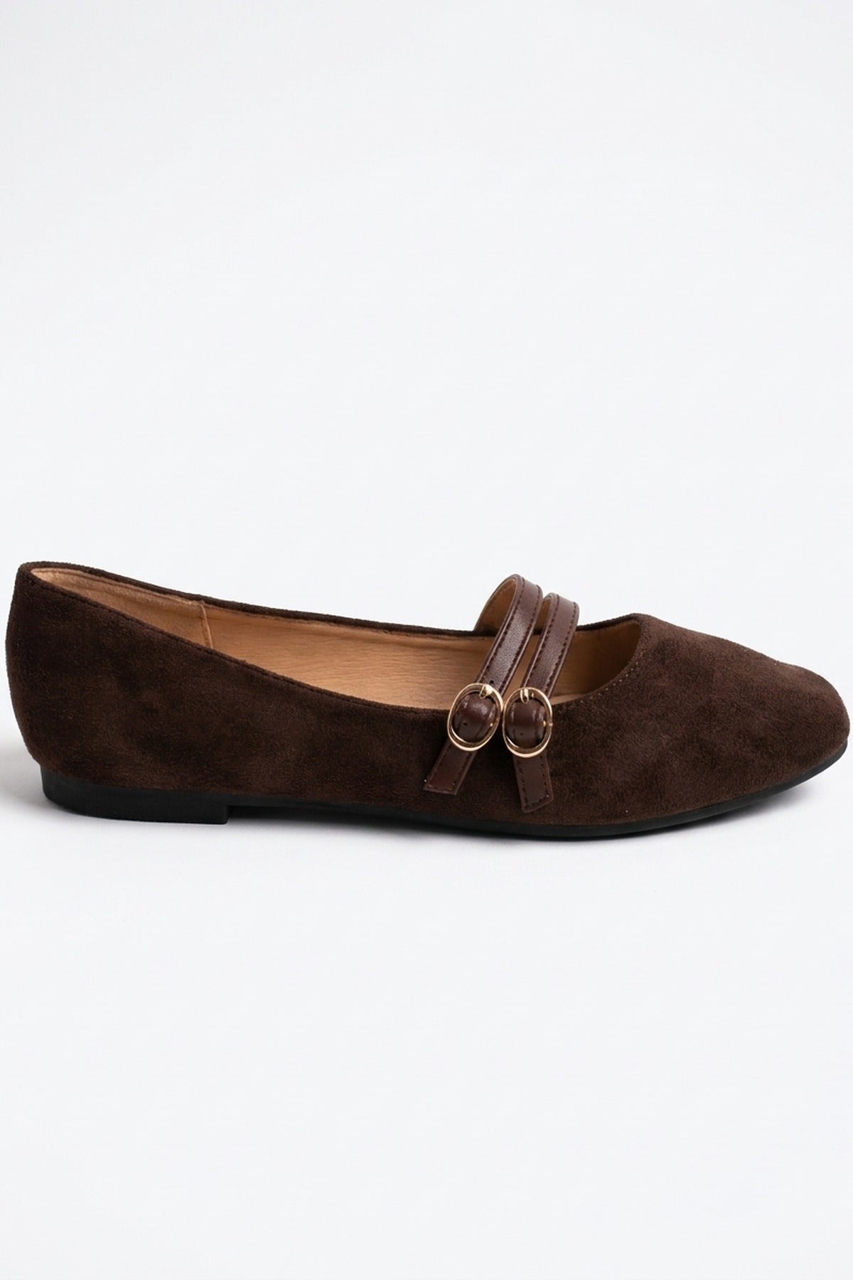 Saoirse Faux Suede Double Buckle Strap Ballet Flats - Brown