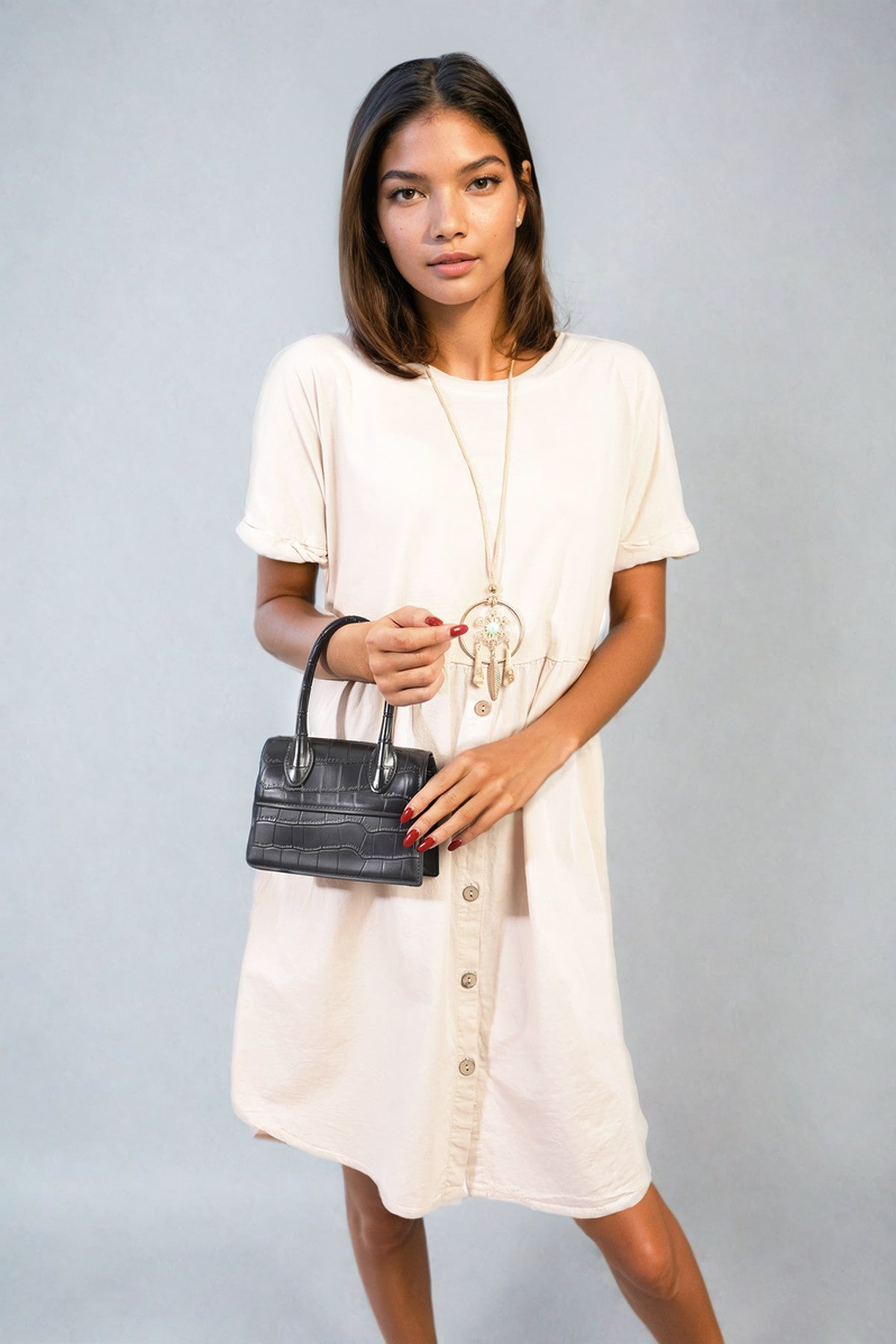 Aileen Short Sleeve Button Front Midi Dress - BEIGE