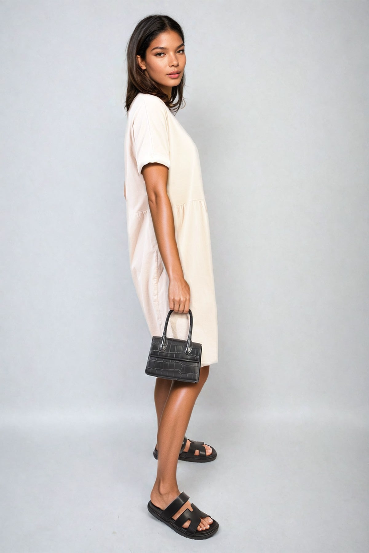 Aileen Short Sleeve Button Front Midi Dress - BEIGE