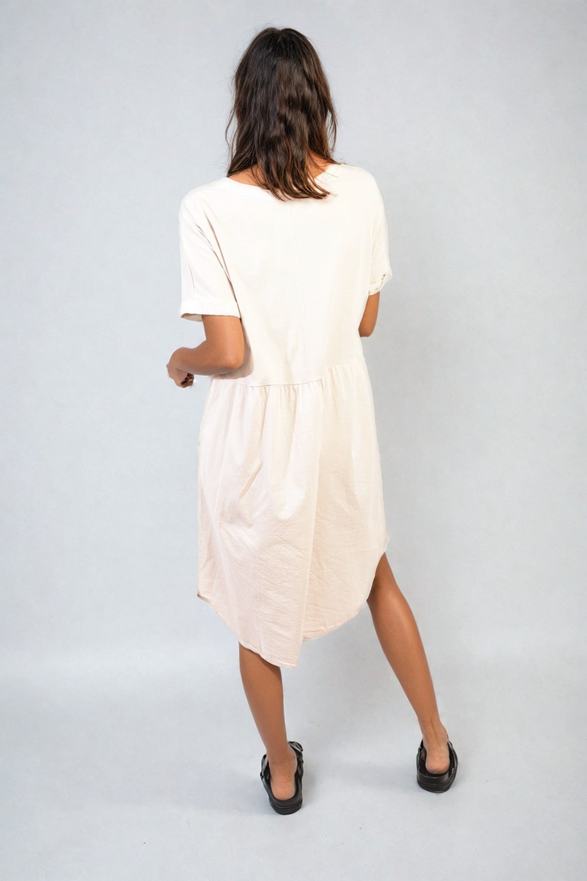 Aileen Short Sleeve Button Front Midi Dress - BEIGE