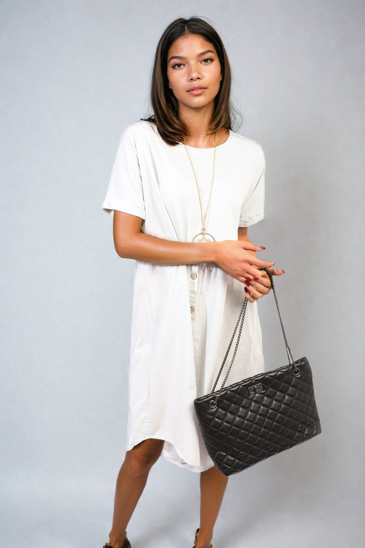 Aileen Short Sleeve Button Front Midi Dress - LIGHT GREY