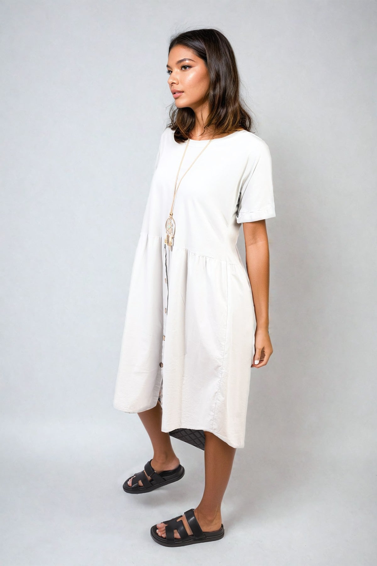 Aileen Short Sleeve Button Front Midi Dress - LIGHT GREY