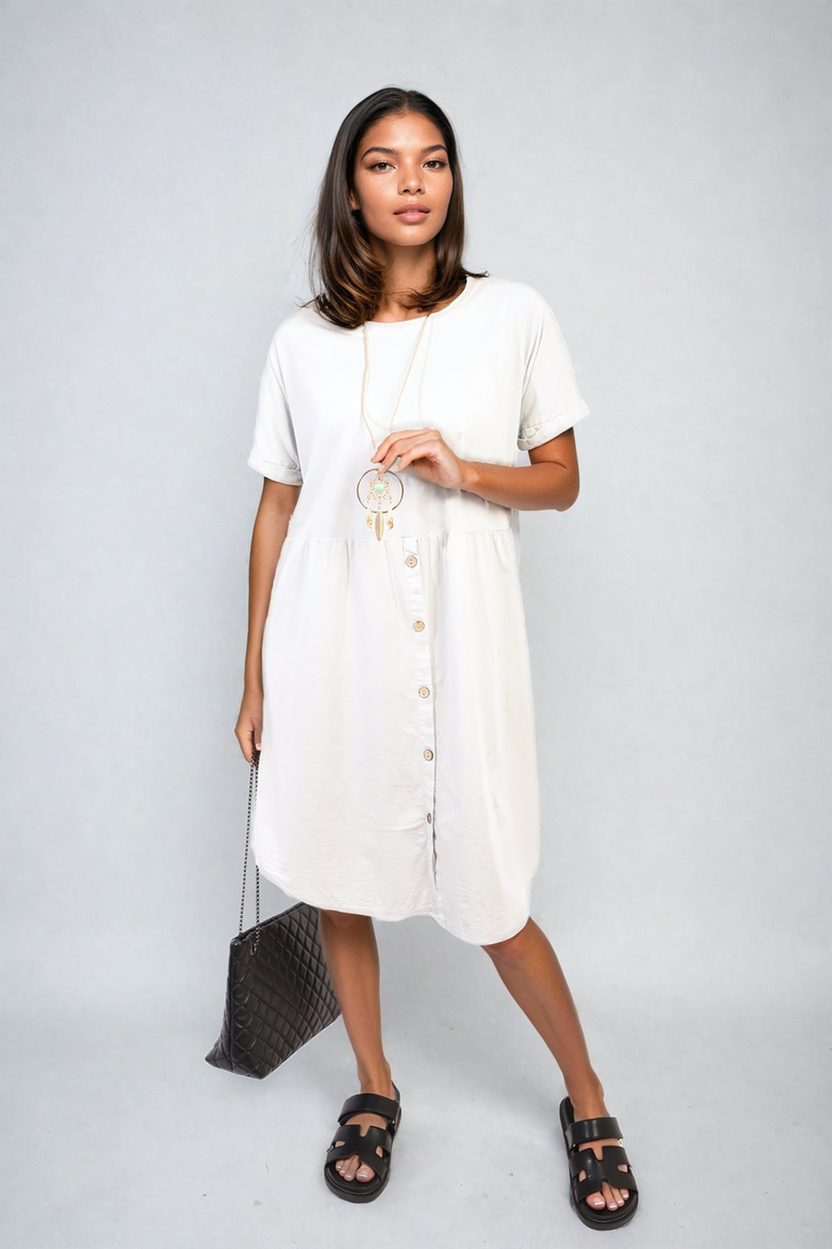 Aileen Short Sleeve Button Front Midi Dress - LIGHT GREY