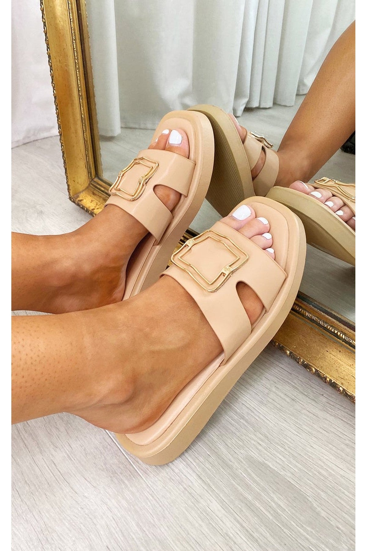 Aisha Faux Leather Slip On Sandals - KHAKI