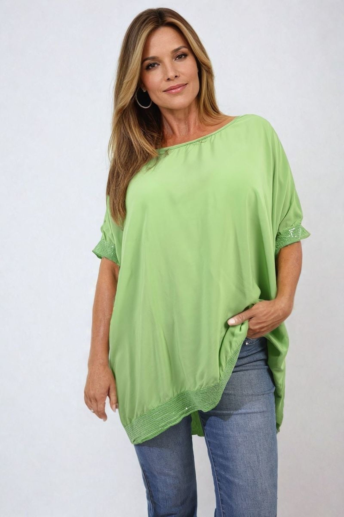 Amber Oversized Sequin Hem Flare Sleeve Top - GREEN