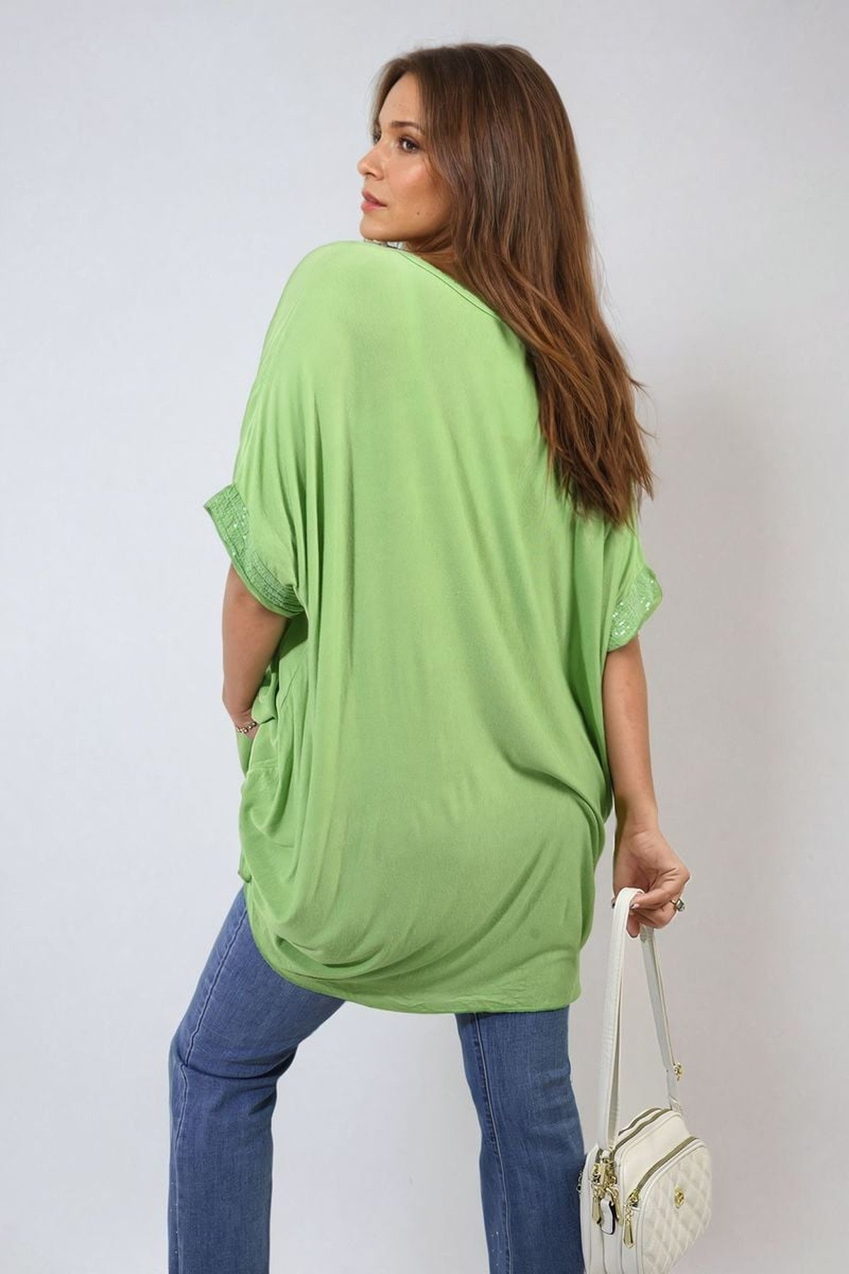 Amber Oversized Sequin Hem Flare Sleeve Top - GREEN