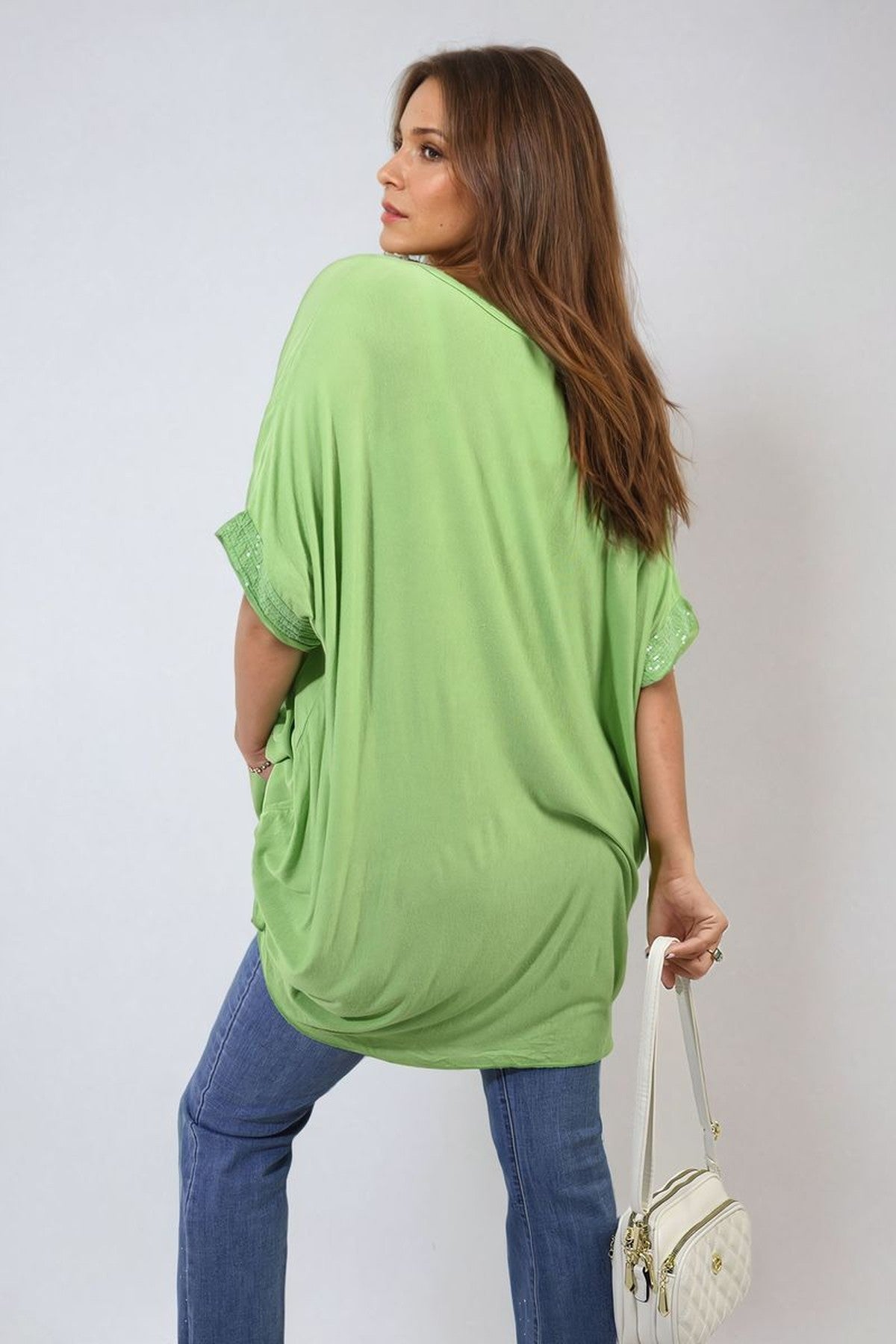 Amber Oversized Sequin Hem Flare Sleeve Top - GREEN