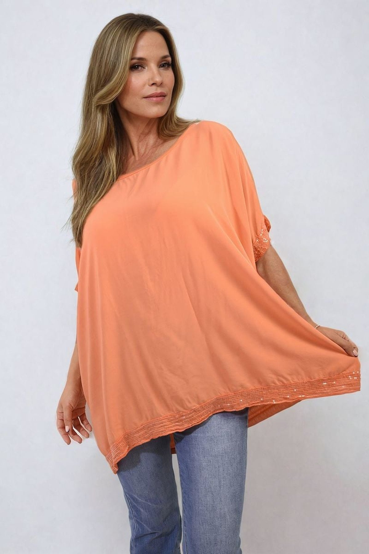 Amber Oversized Sequin Hem Flare Sleeve Top - ORANGE