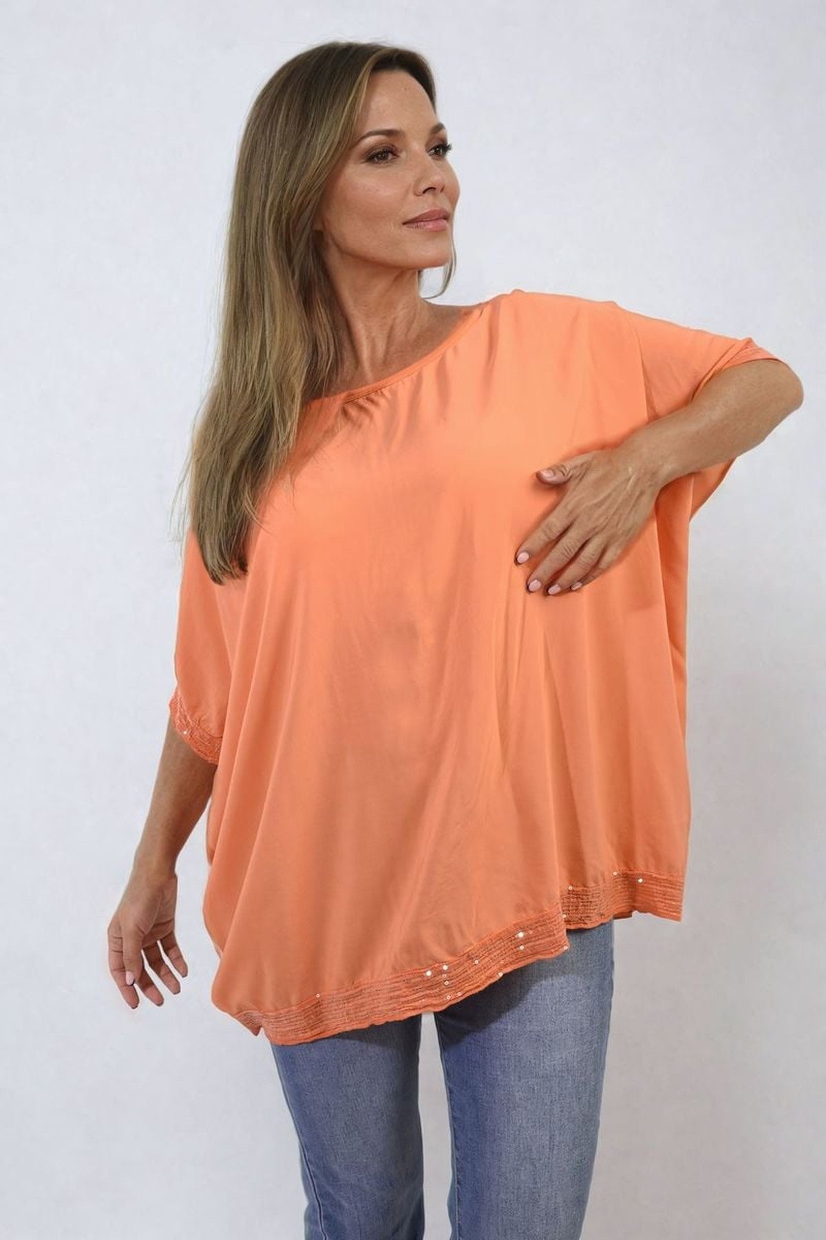 Amber Oversized Sequin Hem Flare Sleeve Top - ORANGE