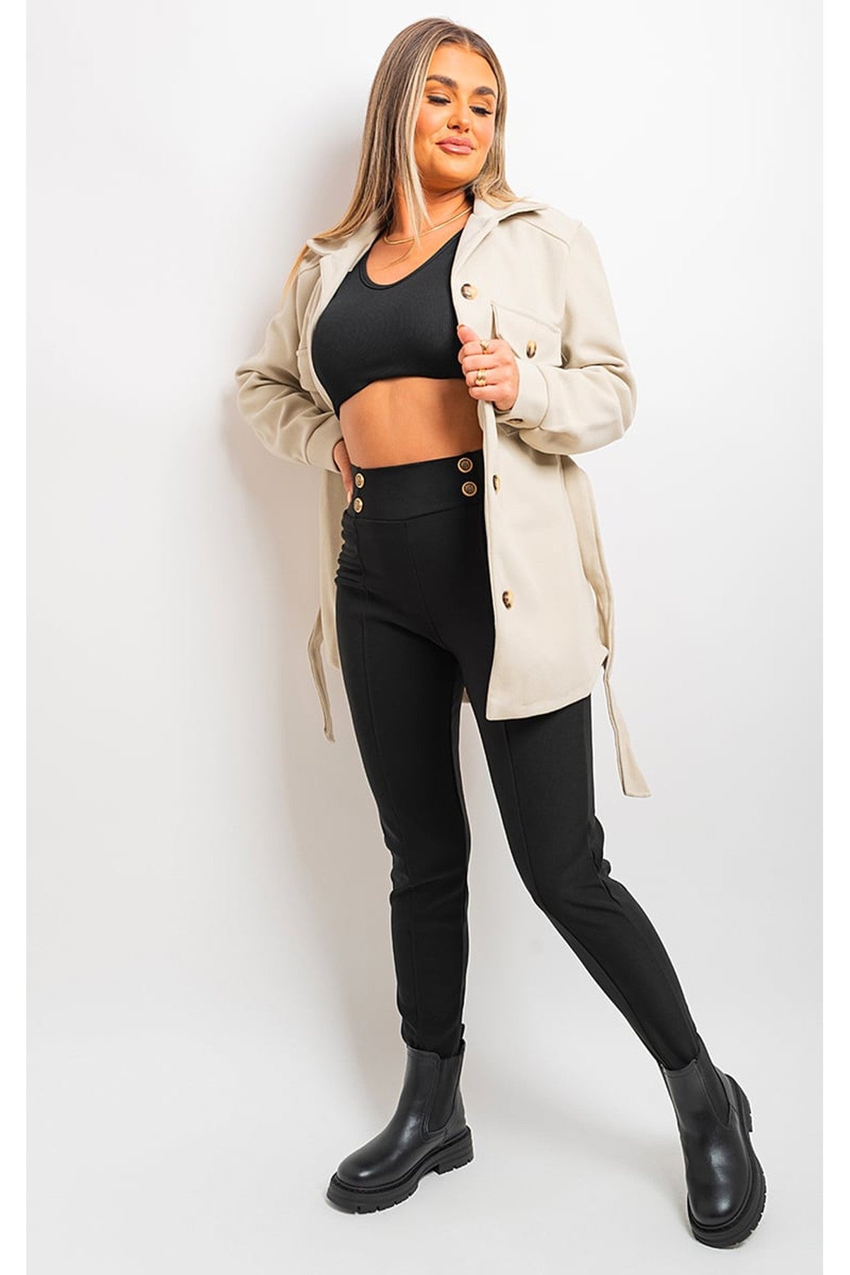 Ariah Elastic Waist Button Detail Leggings - BLACK