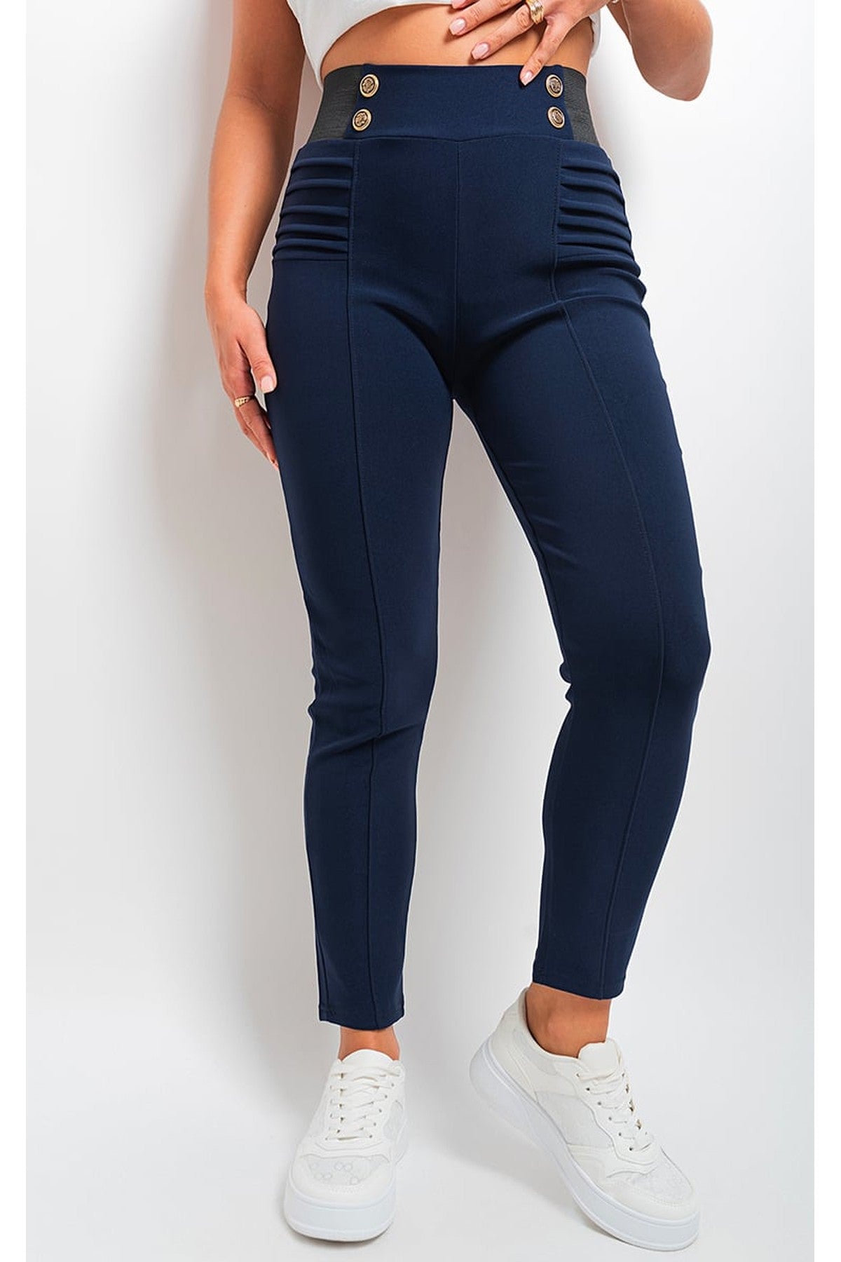 Ariah Elastic Waist Button Detail Leggings - NAVY