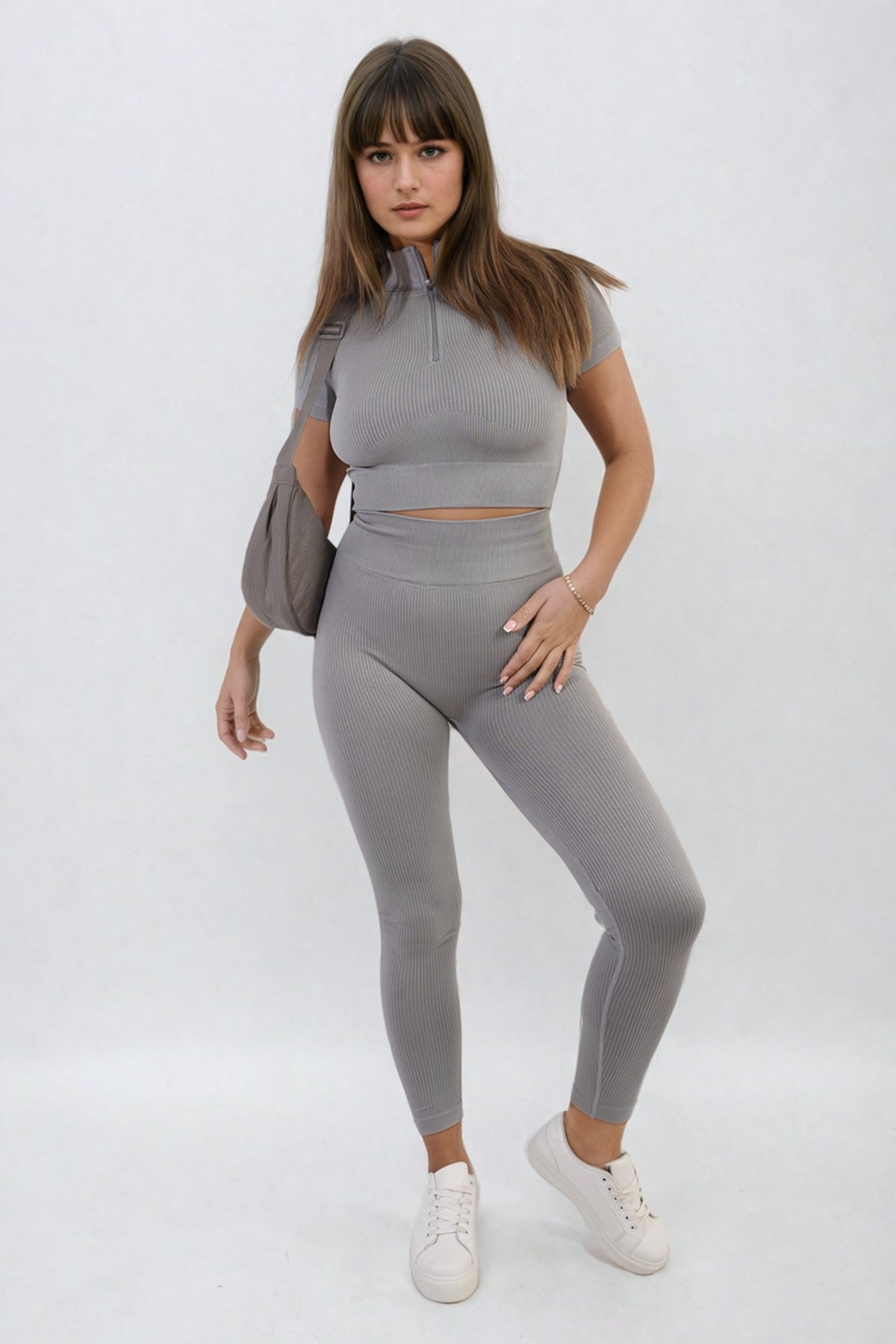 Ayah Ribbed Half Zip Crop Top And High Waist Leggings Co-Ord Set - GREY