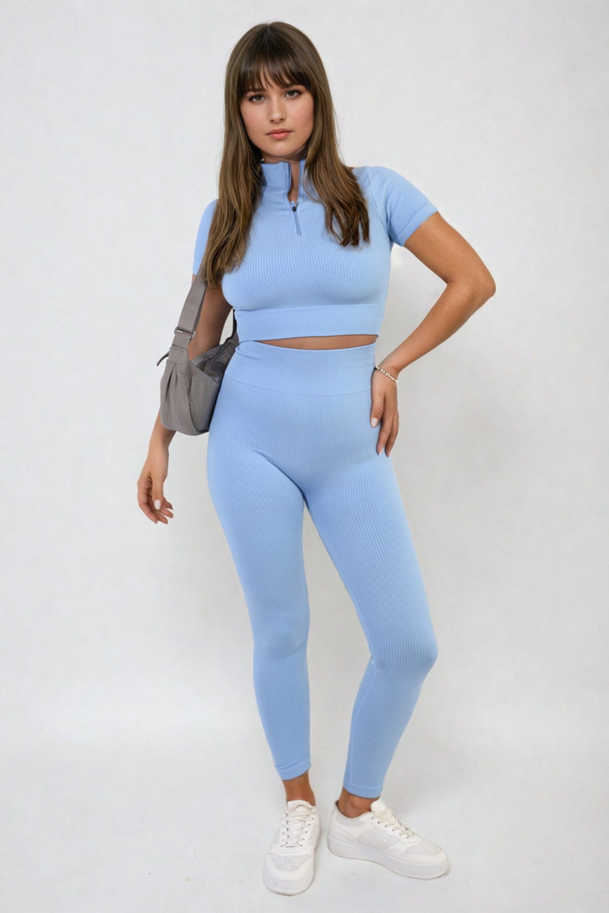 Ayah Ribbed Half Zip Crop Top And High Waist Leggings Co-Ord Set - SKY BLUE
