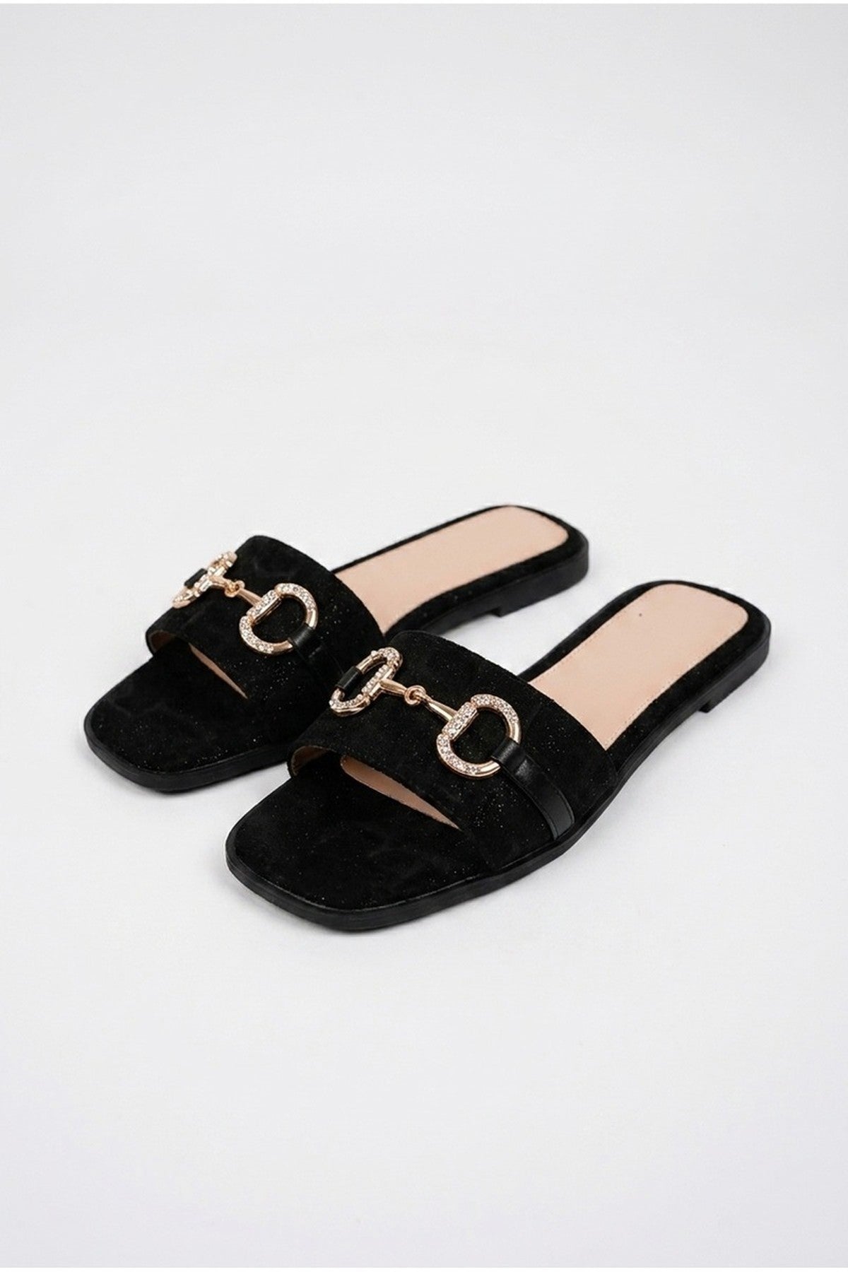 Bella Womens Rhinestone Horsebit Slide Sandals - Black