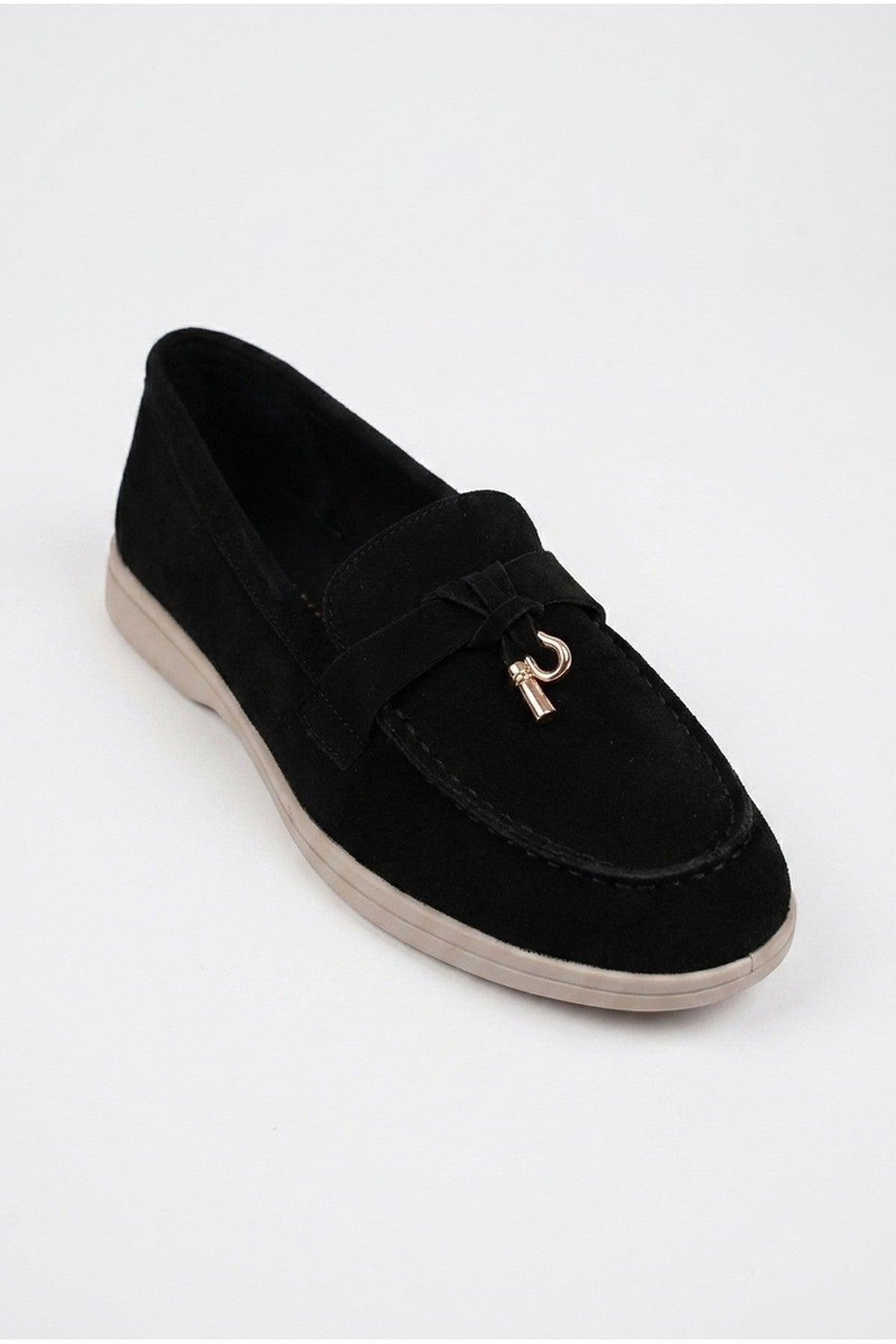 Camille Womens Suede Padlock Charm Loafers - Black