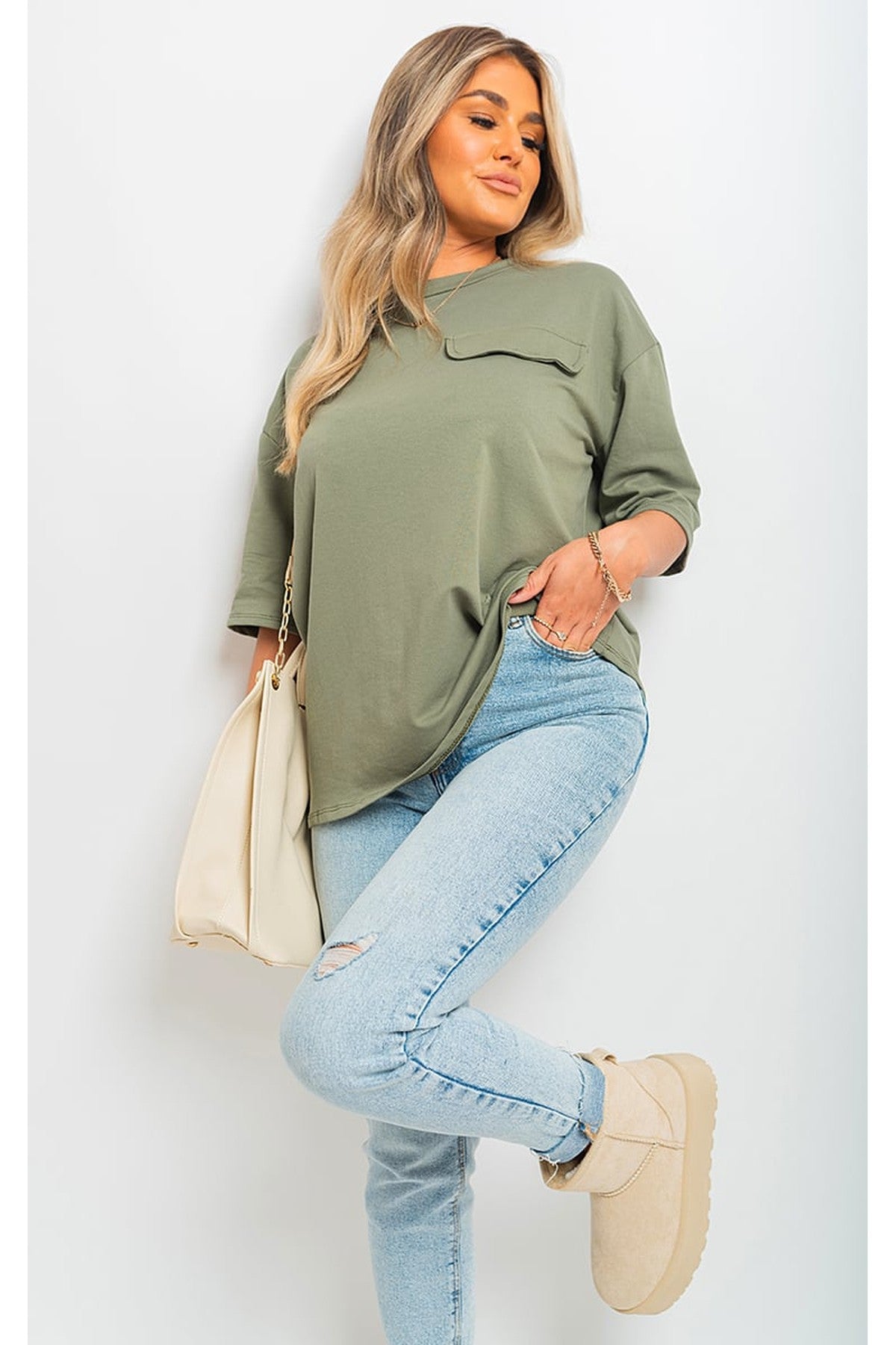 Camryn Oversized Cargo T-Shirt - KHAKI