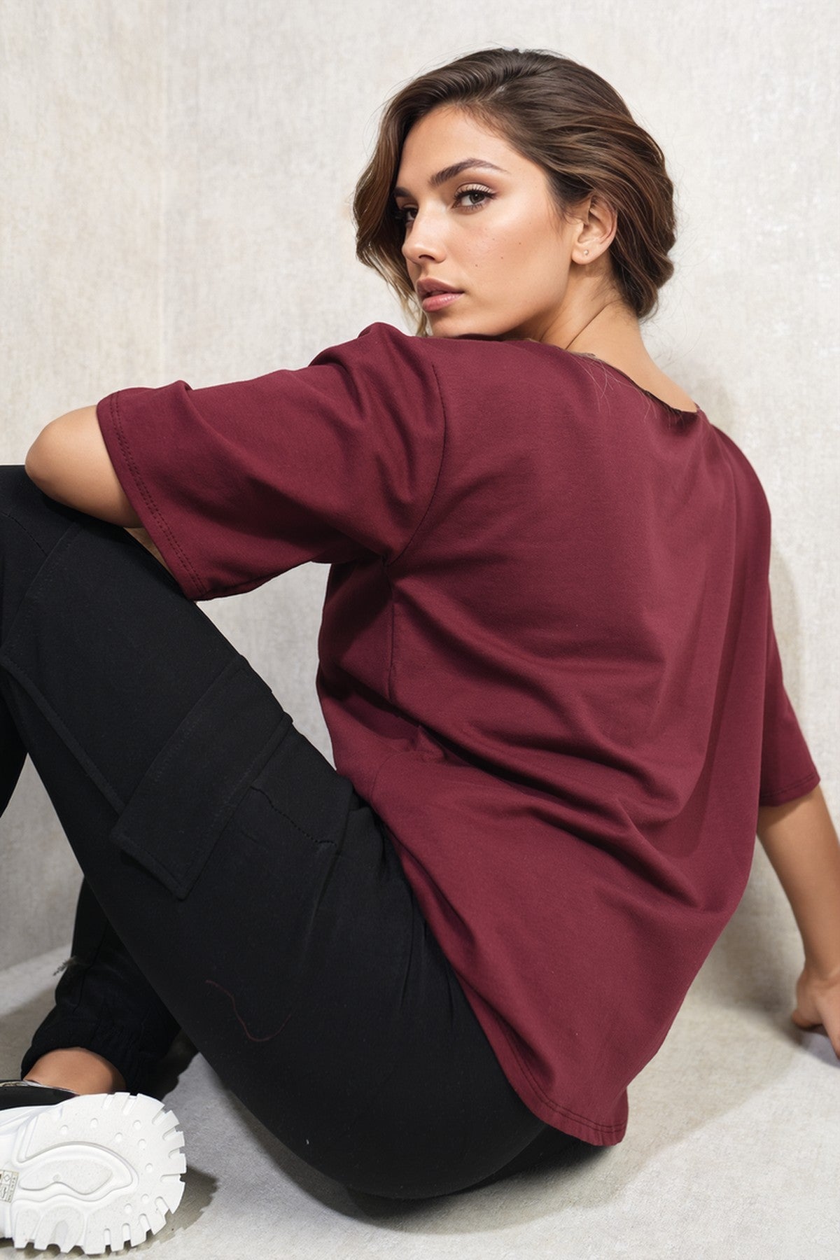 Camryn Oversized Cargo T-Shirt - WINE