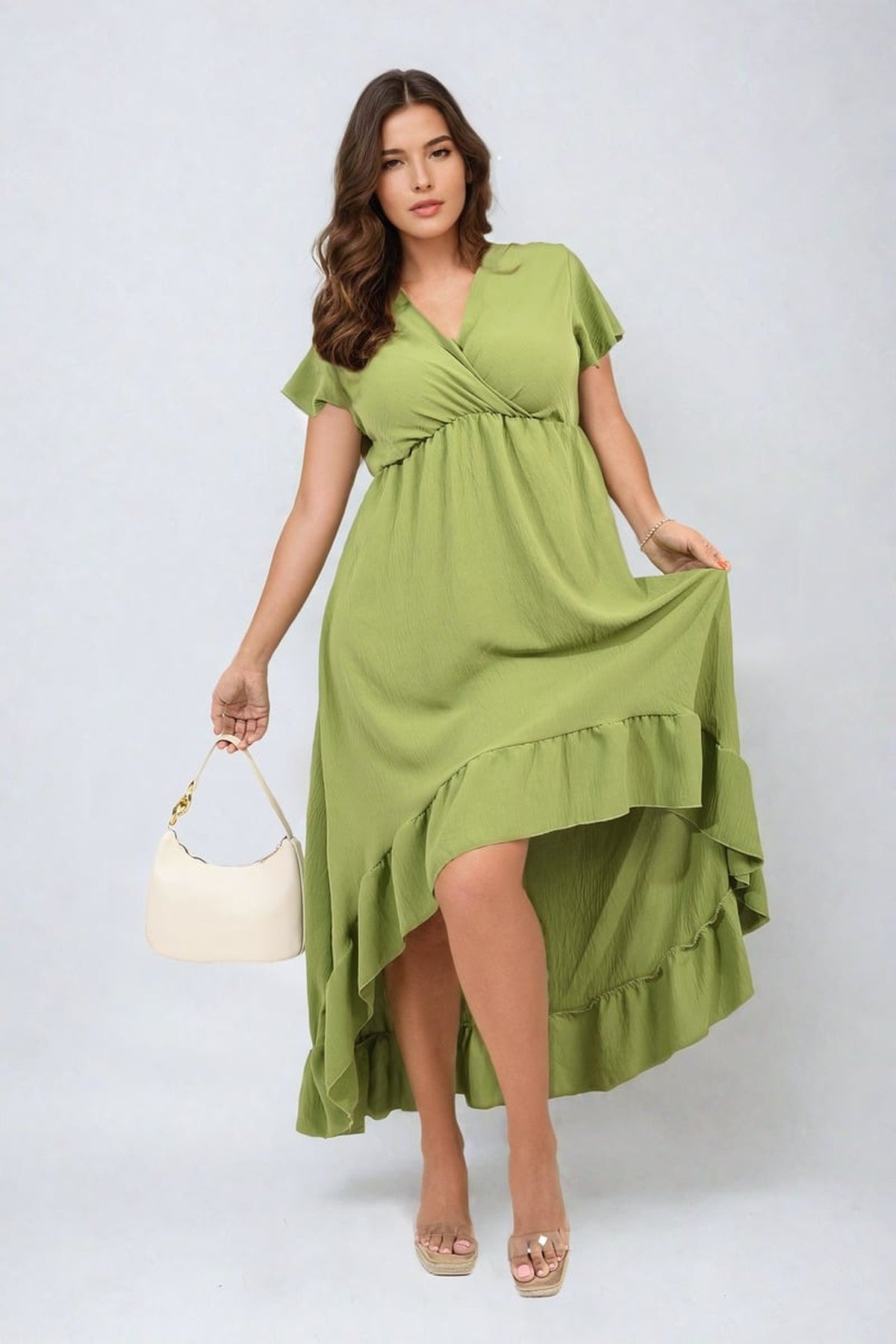 Catalina High Low Ruffle Hem Maxi Dress - GREEN
