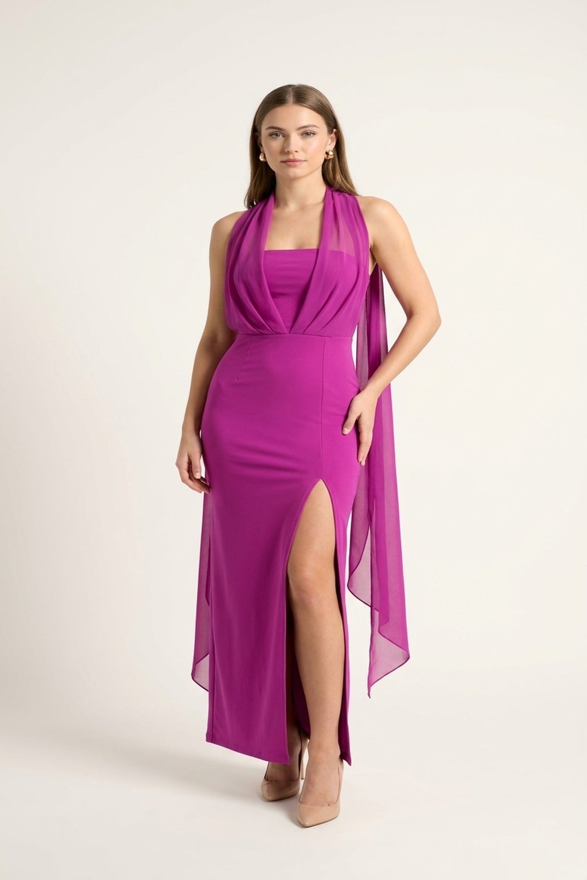 Celeste High Slit Draped Scarf Maxi Dress - Magenta