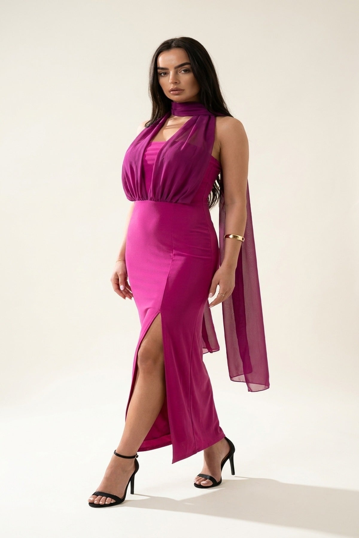 Celeste High Slit Draped Scarf Maxi Dress - Magenta