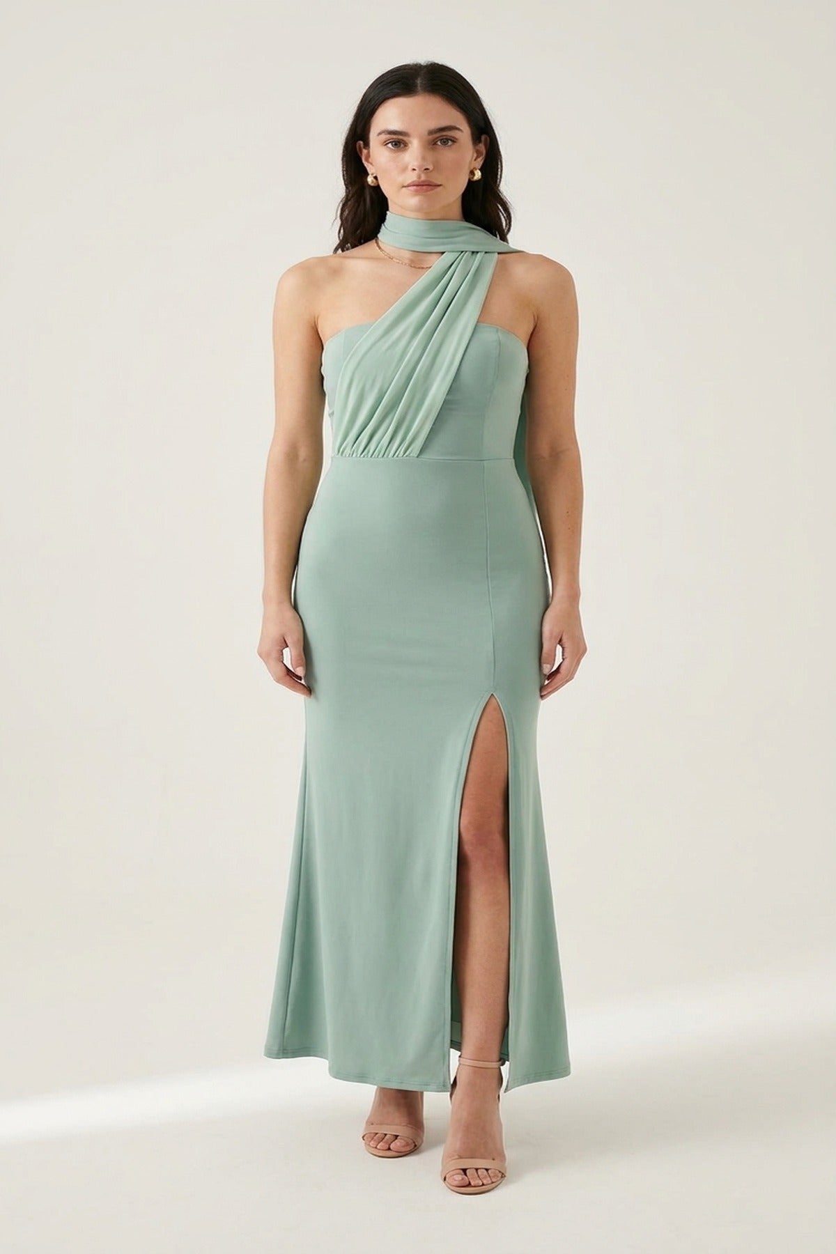 Celeste High Slit Draped Scarf Maxi Dress - Sage