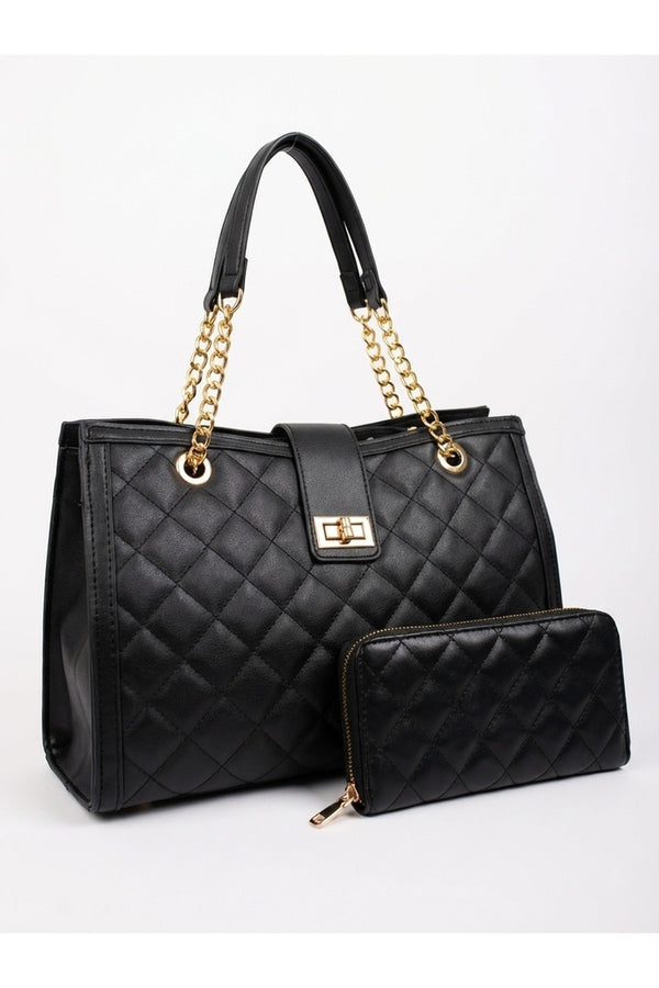 Clemence Quilted Bag & Wallet Set - BLACK