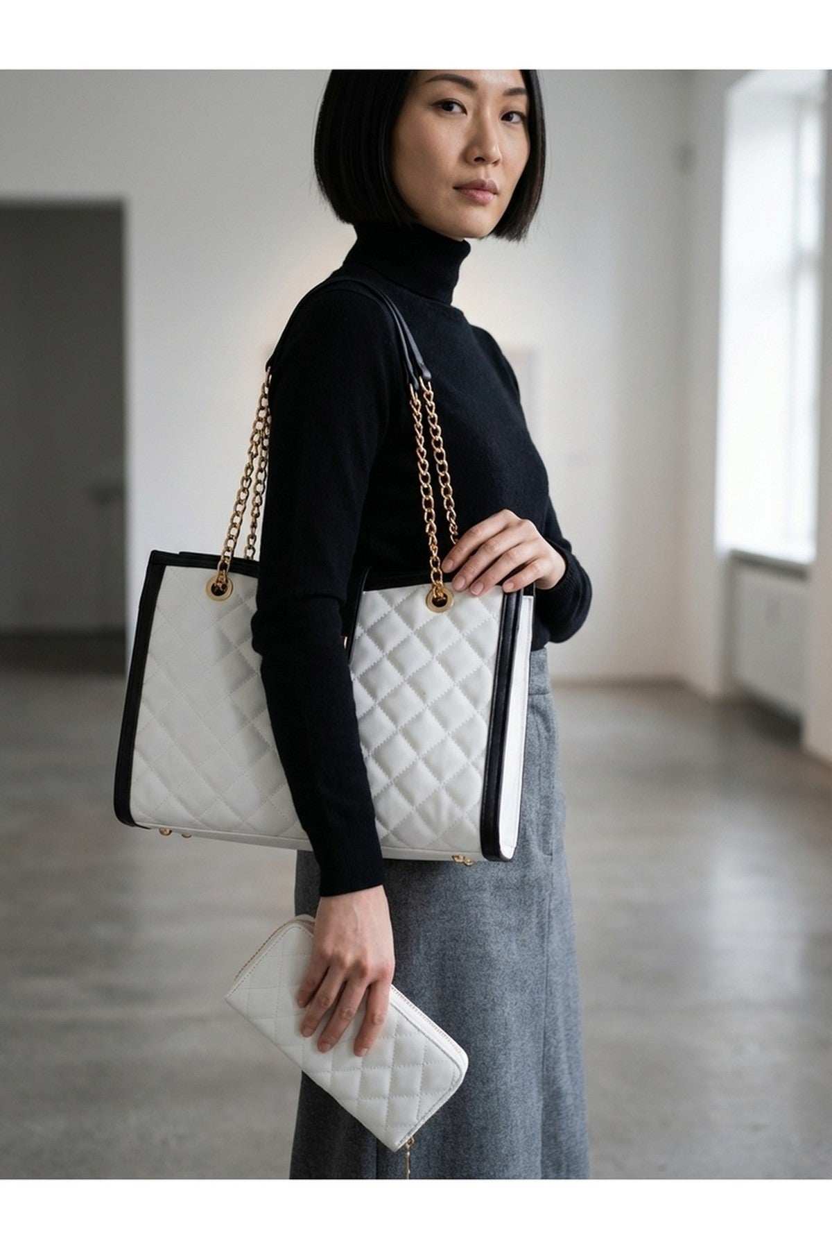 Clemence Quilted Bag & Wallet Set - WHITE