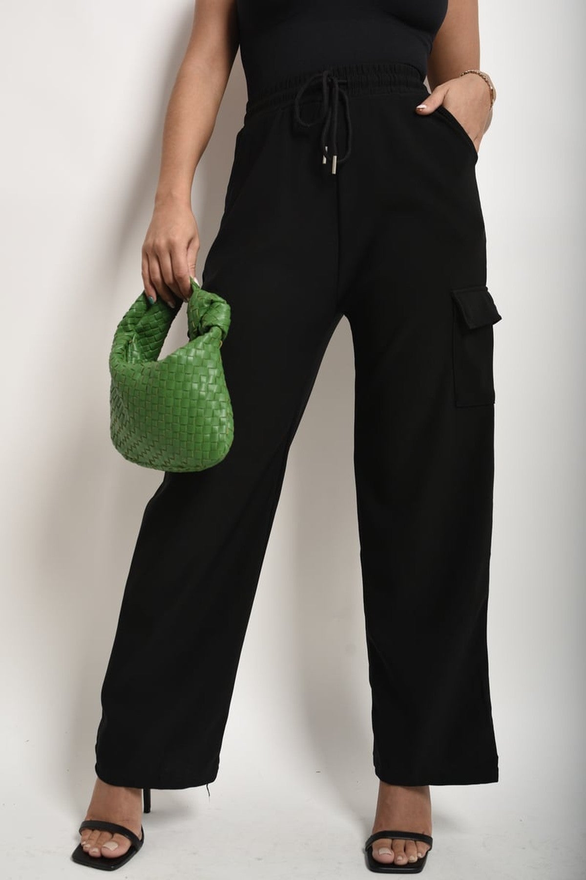 Faye Wide Leg Drawstring Waist Flap Pocket Trouser - BLACK