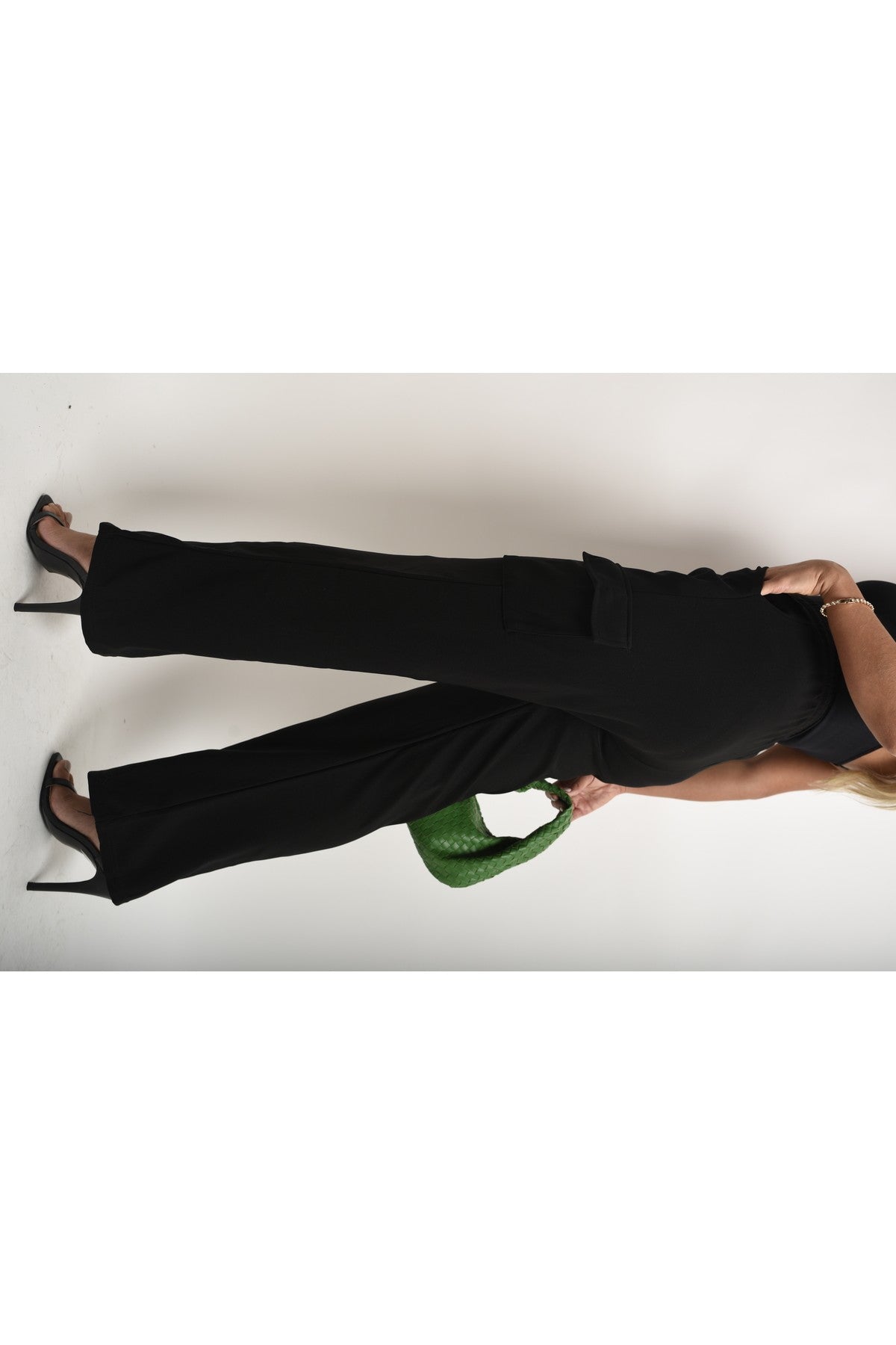 Faye Wide Leg Drawstring Waist Flap Pocket Trouser - BLACK