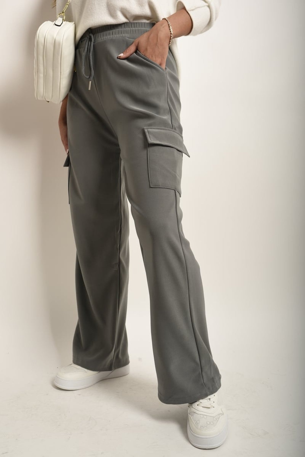 Faye Wide Leg Drawstring Waist Flap Pocket Trouser - GREY