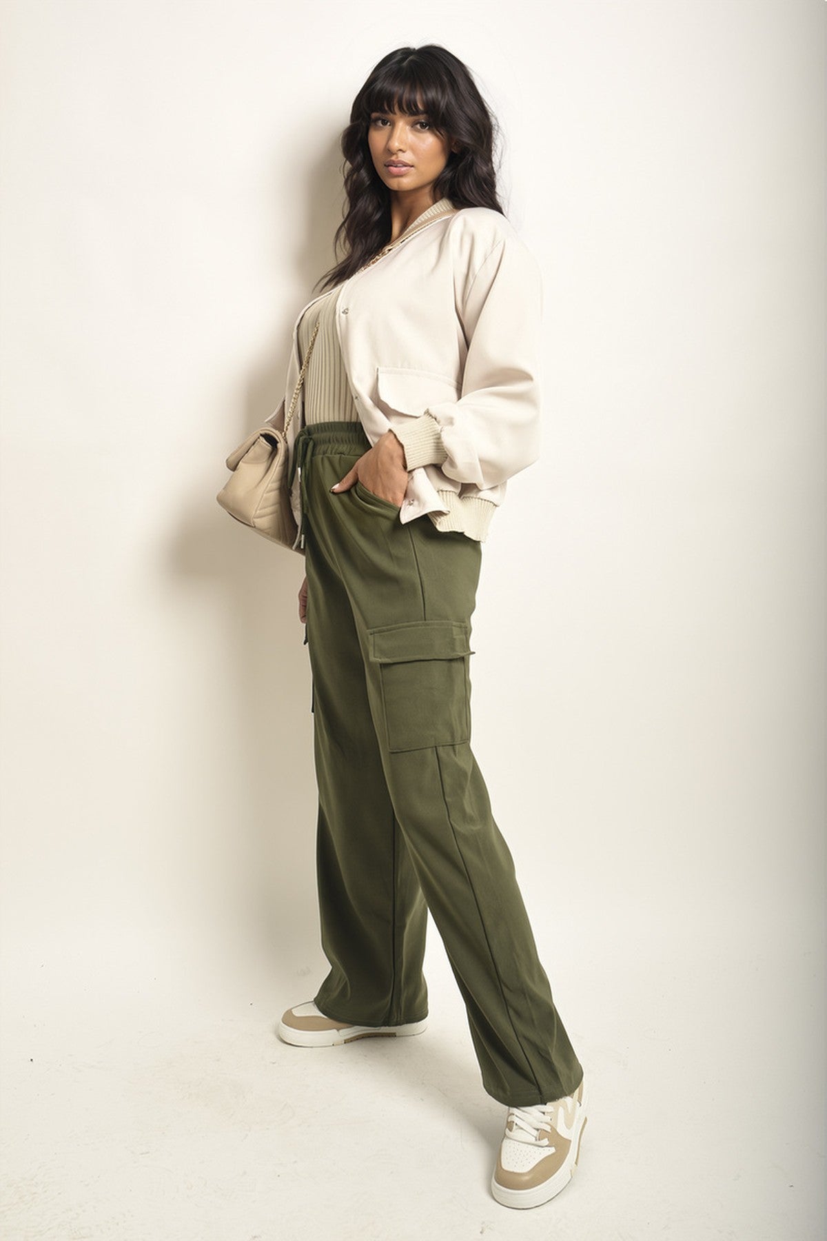 Faye Wide Leg Drawstring Waist Flap Pocket Trouser - KHAKI