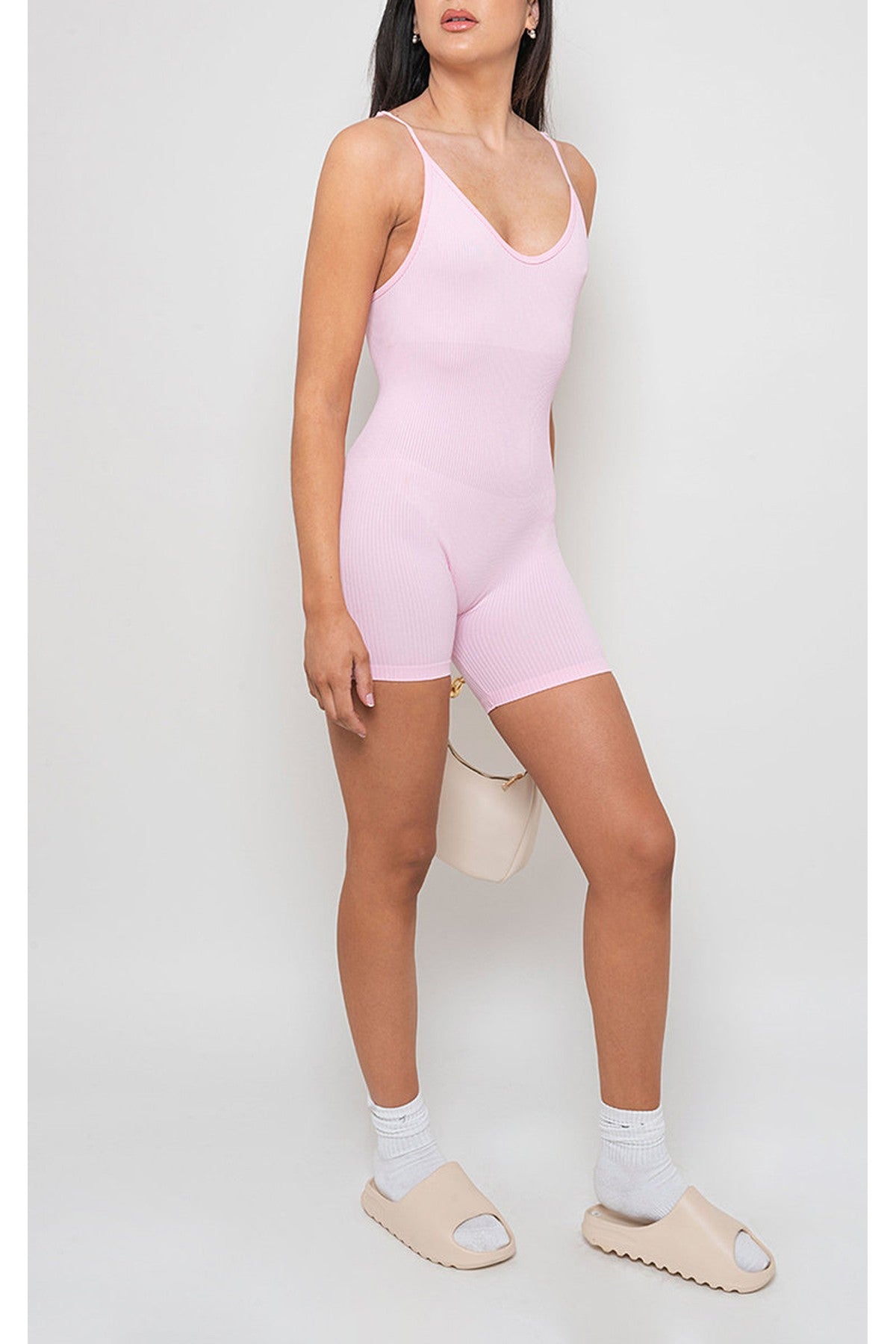 Fern Seamless Ribbed Sleeveless Strap Bodycon Jumpsuit - PINK