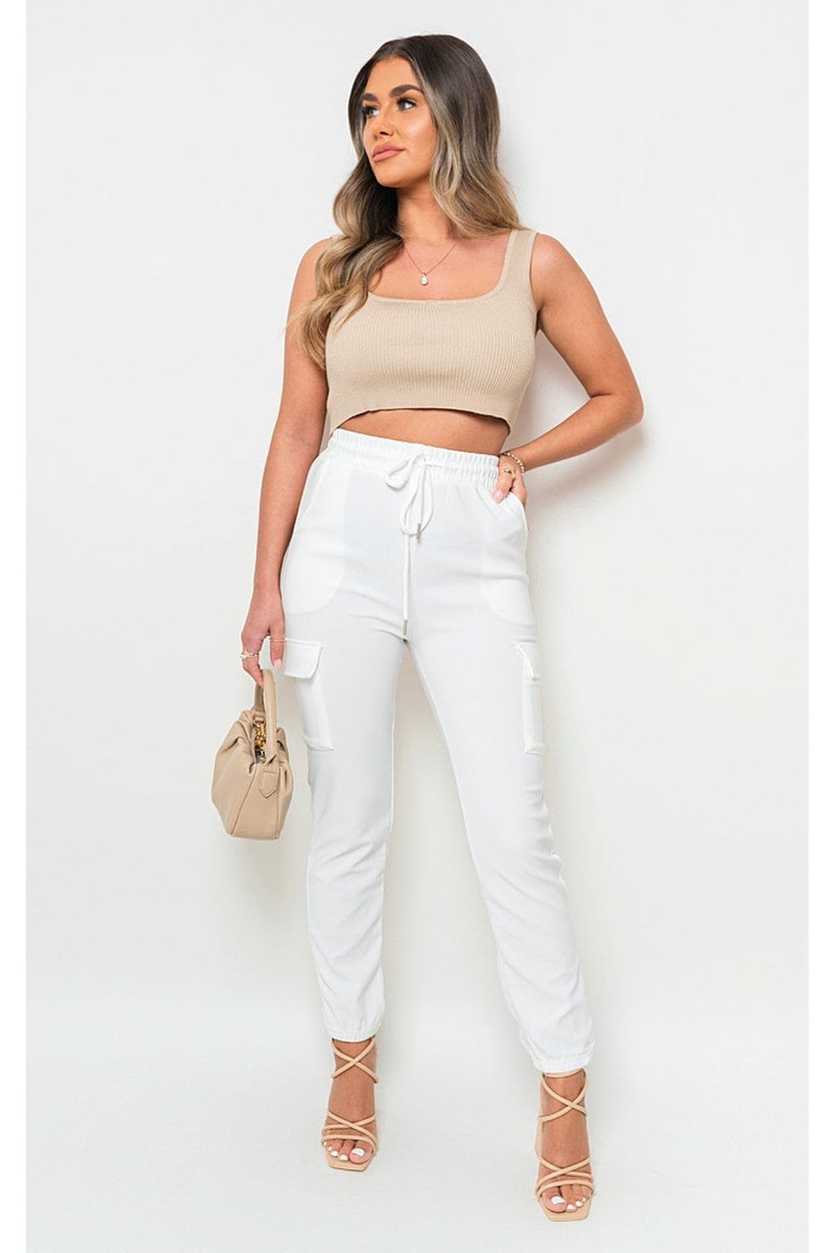 Francesca Pocket Side Drawstring Waist Cargo Trouser - WHITE
