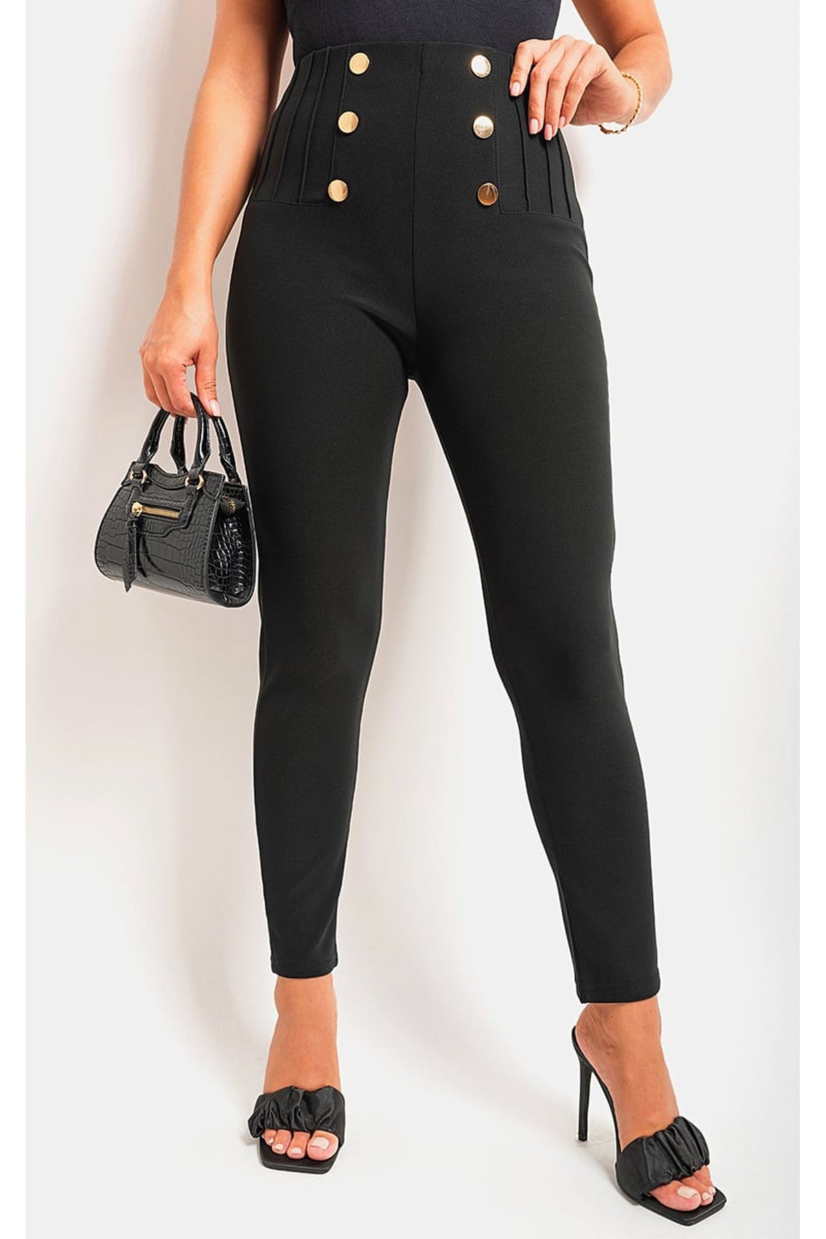 Jemma High Waisted Button Front Detail Trouser - BLACK