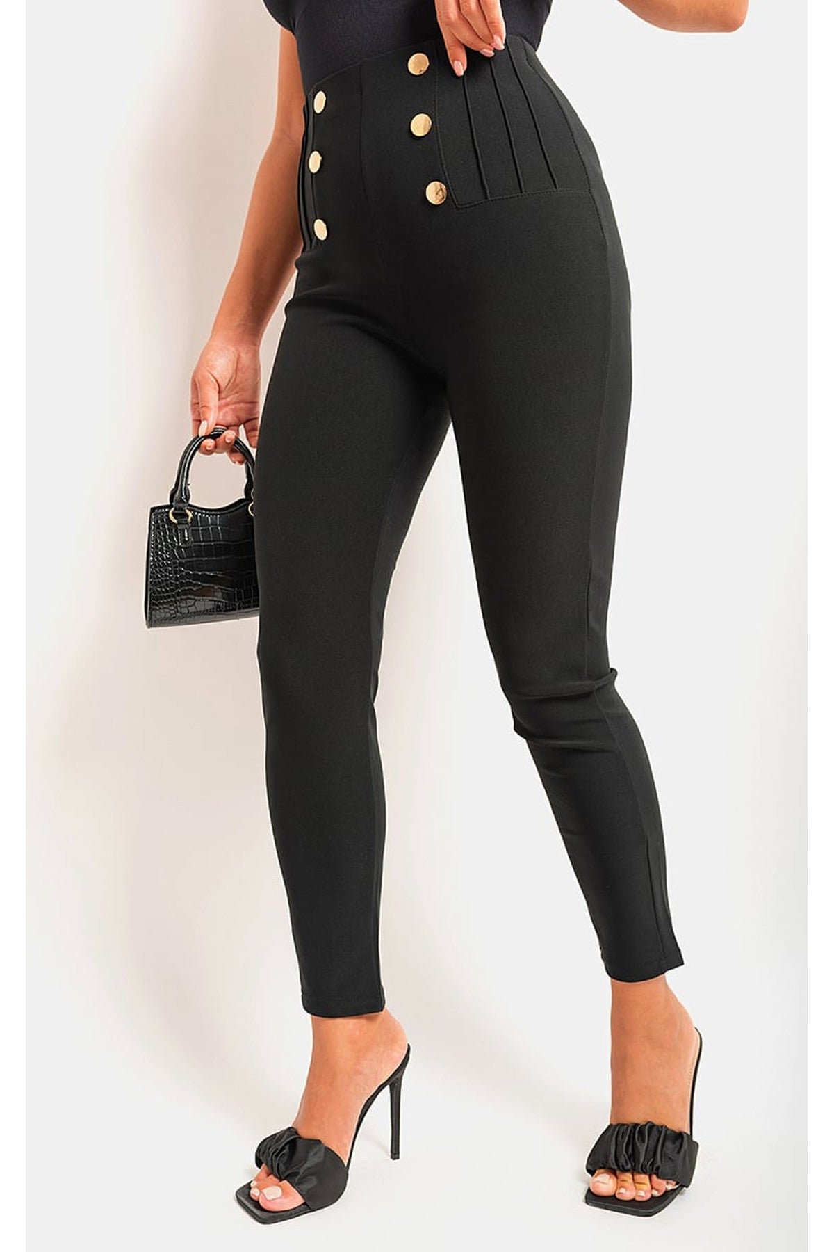 Jemma High Waisted Button Front Detail Trouser - BLACK