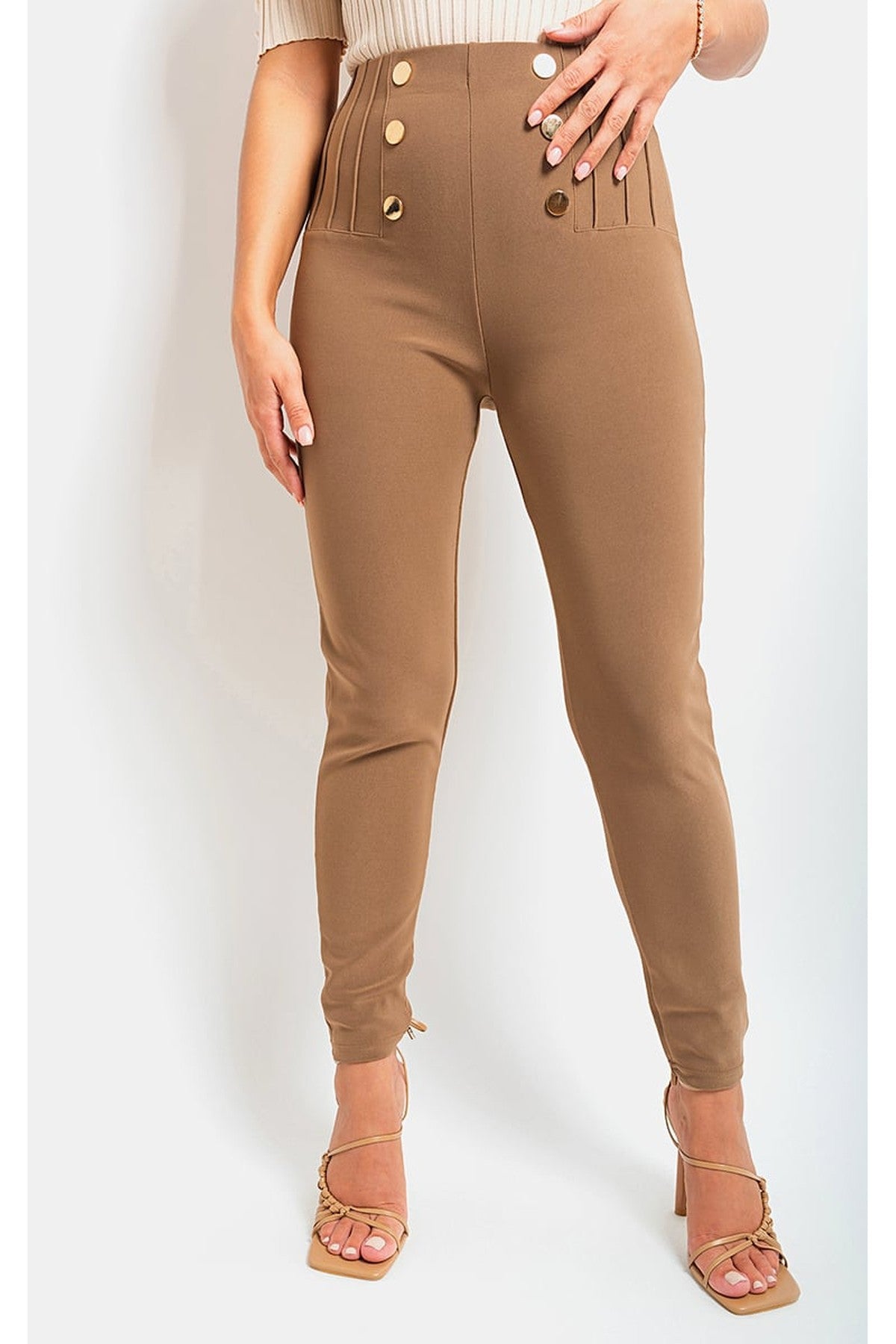 Jemma High Waisted Button Front Detail Trouser - MOCHA