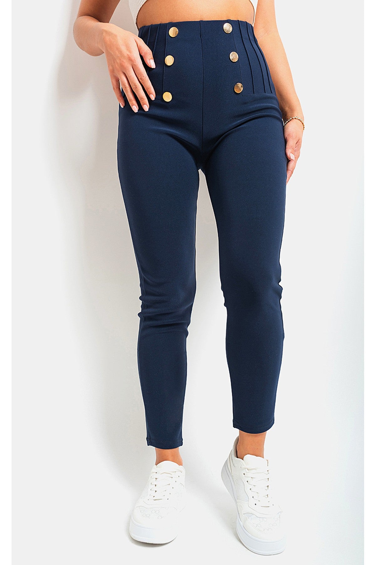 Jemma High Waisted Button Front Detail Trouser - NAVY